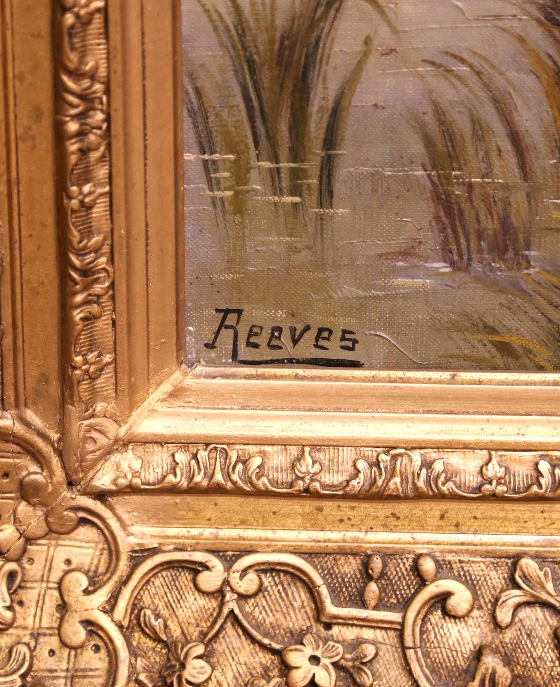 Sculpté à la main A.C. English Oil on Canvas Equestrian Hunt Scene in Gilt Frame, Signed Reeves en vente