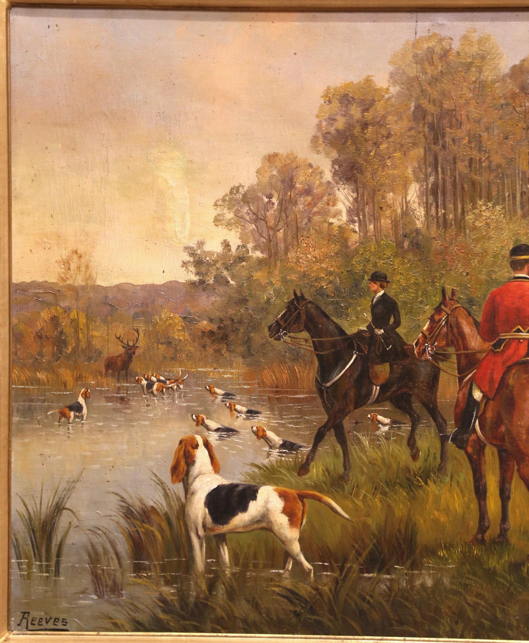 A.C. English Oil on Canvas Equestrian Hunt Scene in Gilt Frame, Signed Reeves Excellent état - En vente à Dallas, TX