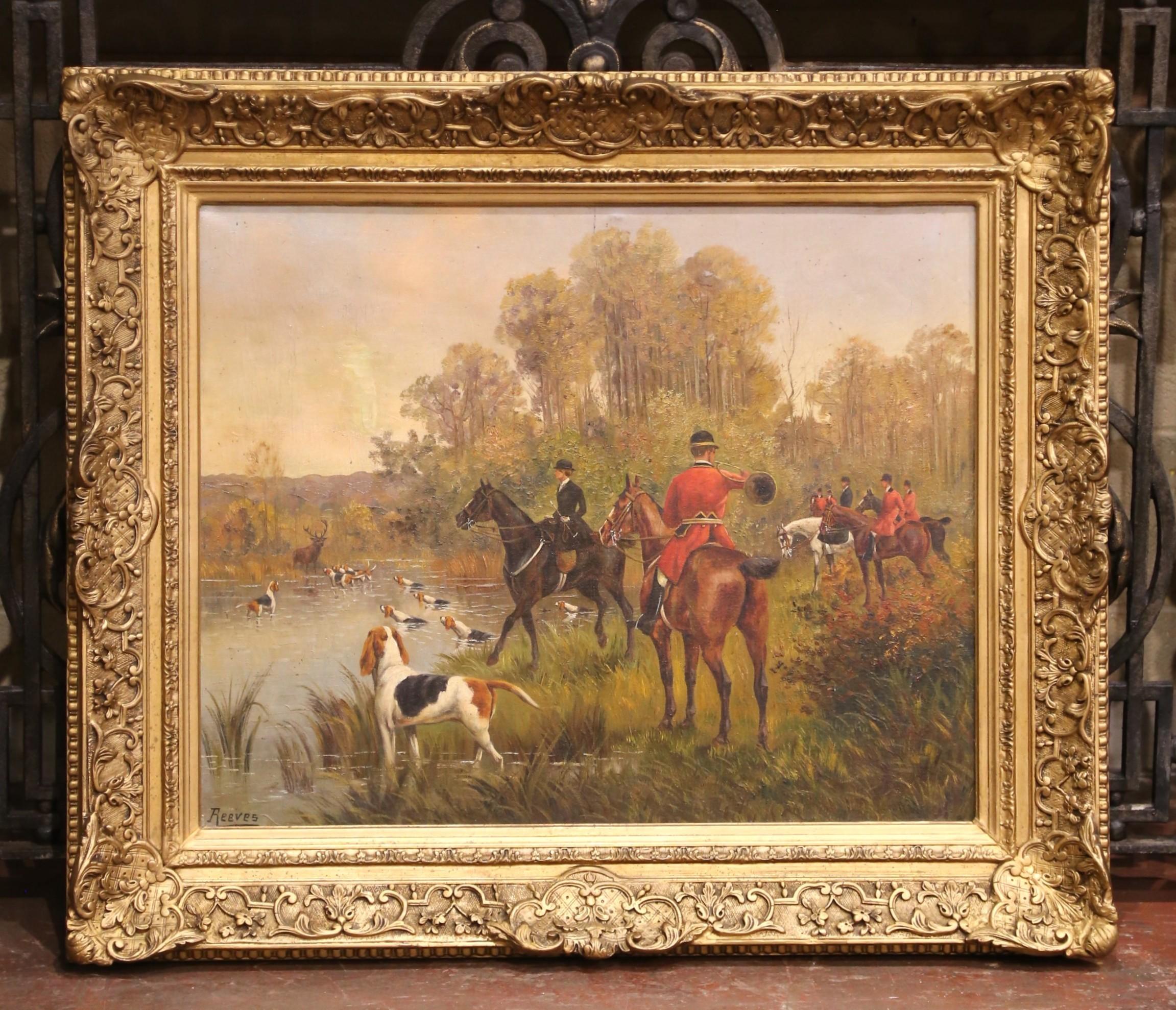 Toile A.C. English Oil on Canvas Equestrian Hunt Scene in Gilt Frame, Signed Reeves en vente