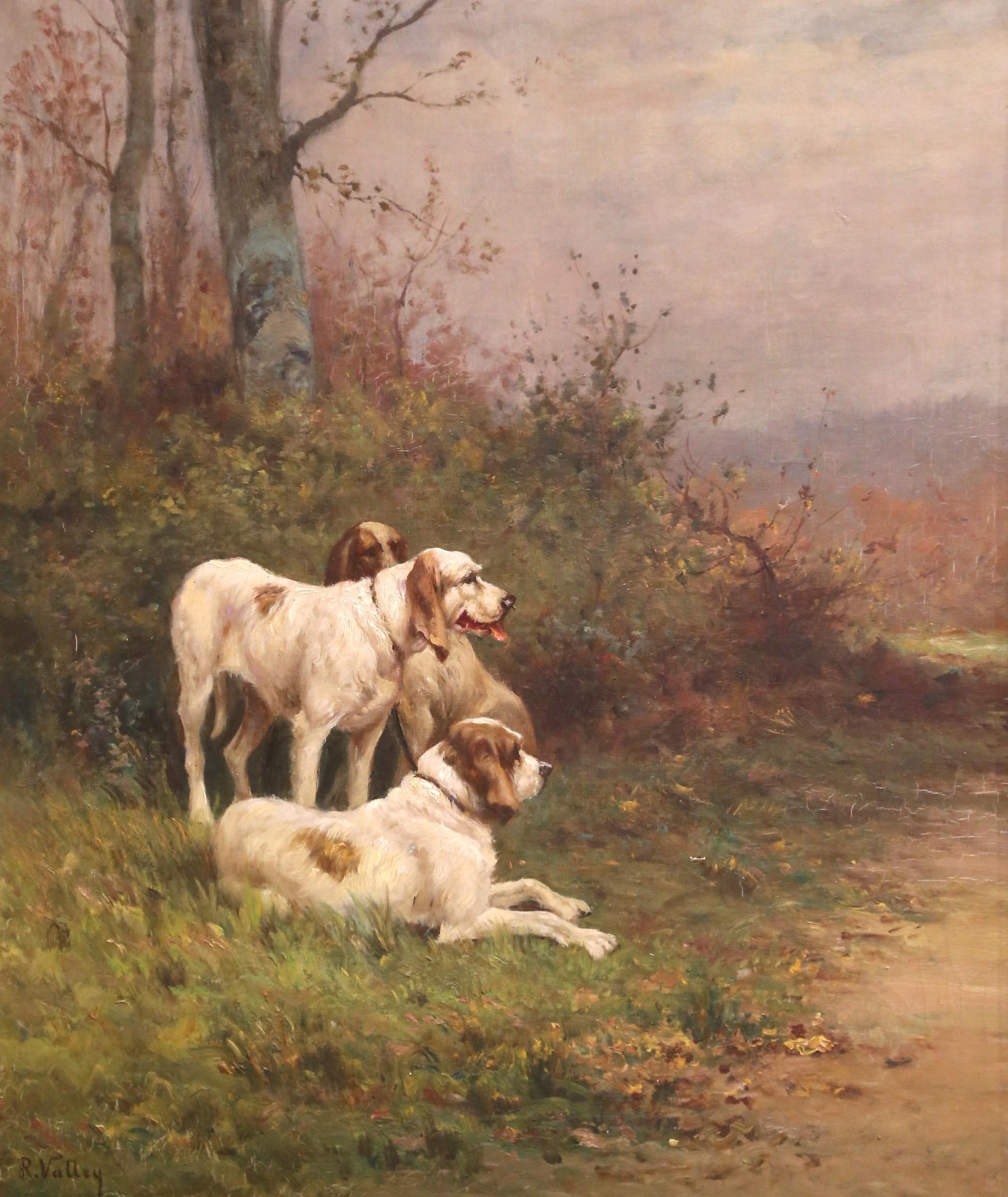 19. Jh. Englisches Öl auf Leinwand von Jagdhunden in vergoldetem Rahmen Signiert R. Valley (Vergoldet) im Angebot