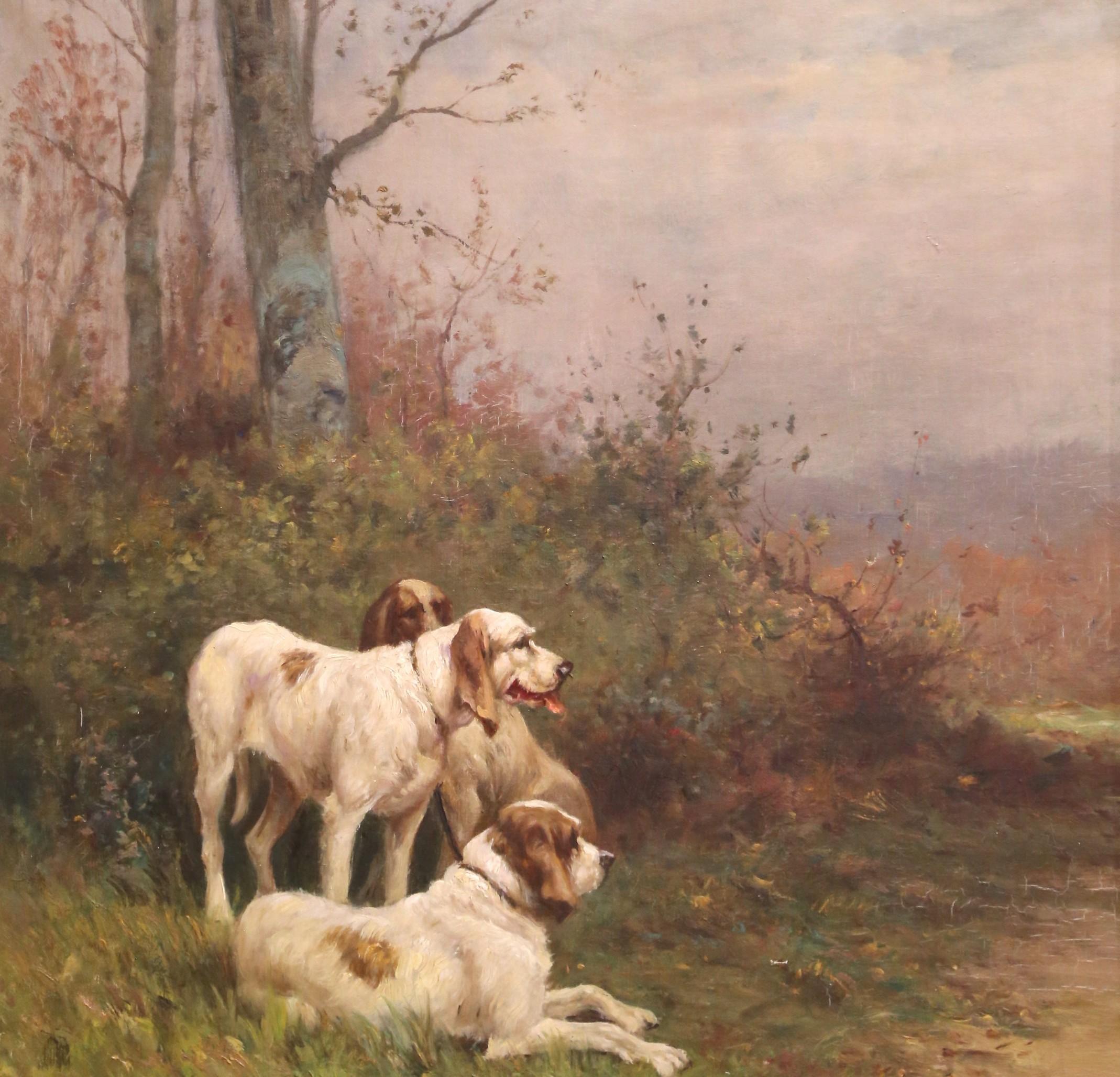 19. Jh. Englisches Öl auf Leinwand von Jagdhunden in vergoldetem Rahmen Signiert R. Valley (19. Jahrhundert) im Angebot