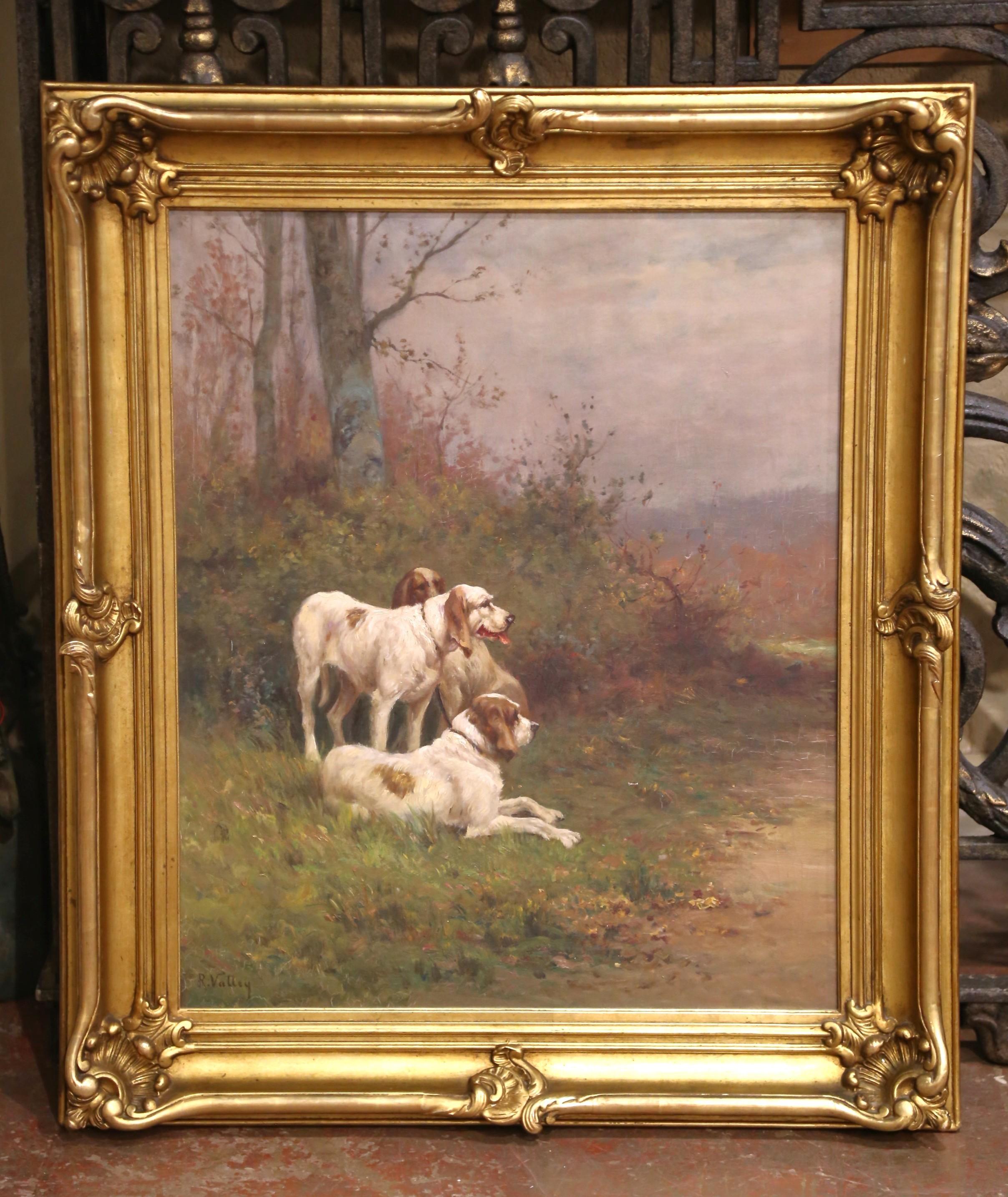 19. Jh. Englisches Öl auf Leinwand von Jagdhunden in vergoldetem Rahmen Signiert R. Valley im Angebot 1