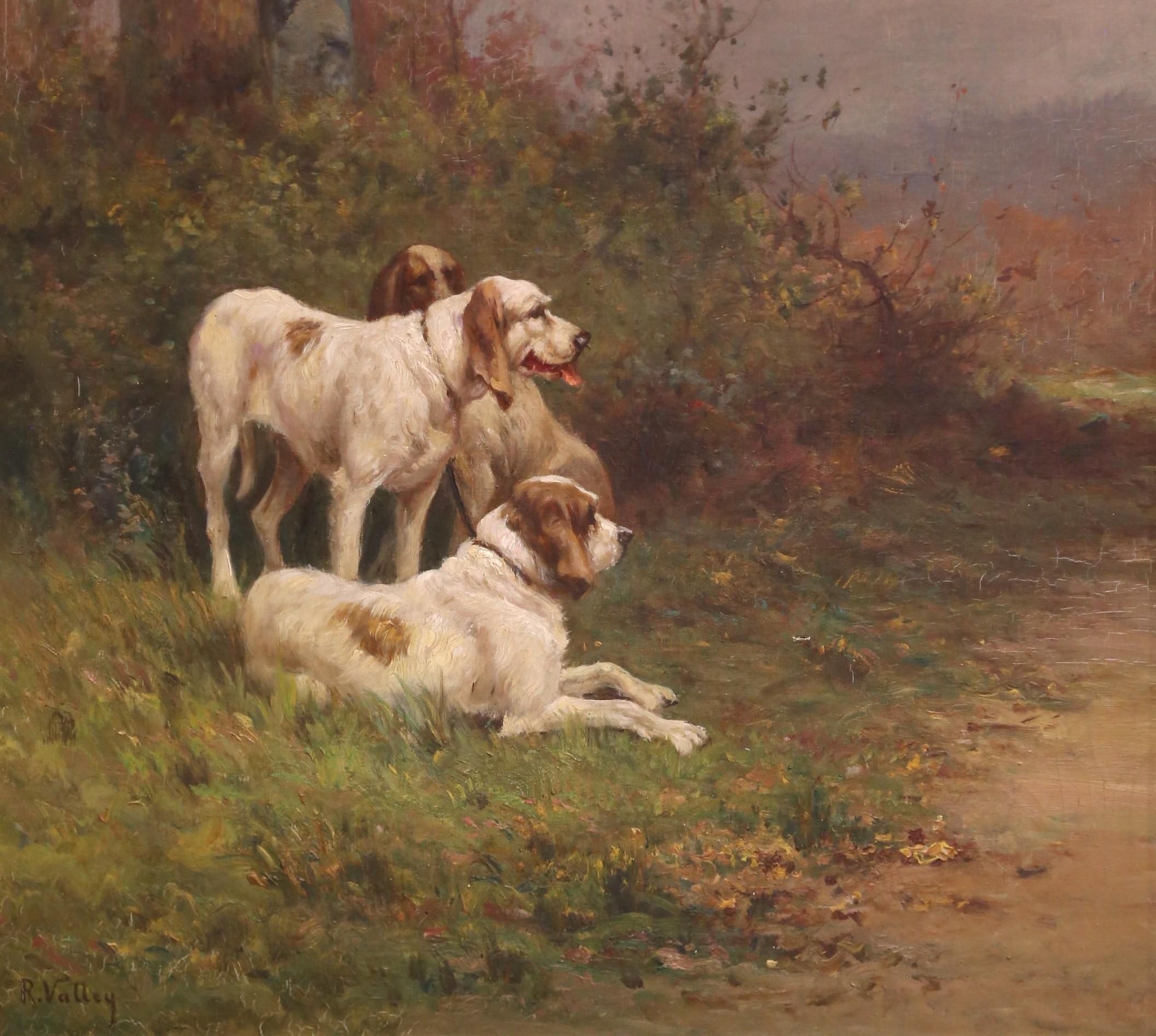 19. Jh. Englisches Öl auf Leinwand von Jagdhunden in vergoldetem Rahmen Signiert R. Valley im Angebot 2