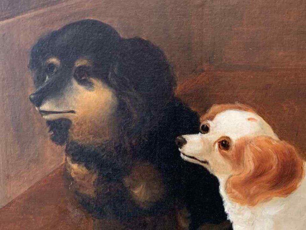 Waiting for the Master - Grand chien victorien - Peinture de deux chiens à l'intérieur, vers 1870 - Marron Landscape Painting par 19th C. English