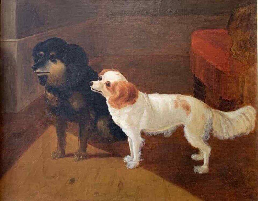 19th C. English Landscape Painting - Waiting for the Master Large Victorian Dog Painting Two Dogs in Interior c. 1870