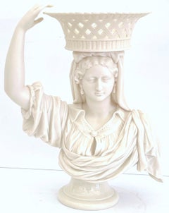 19th C English Parian Lady Holding a Basket Centerpiece/ Tazza/ Vase
