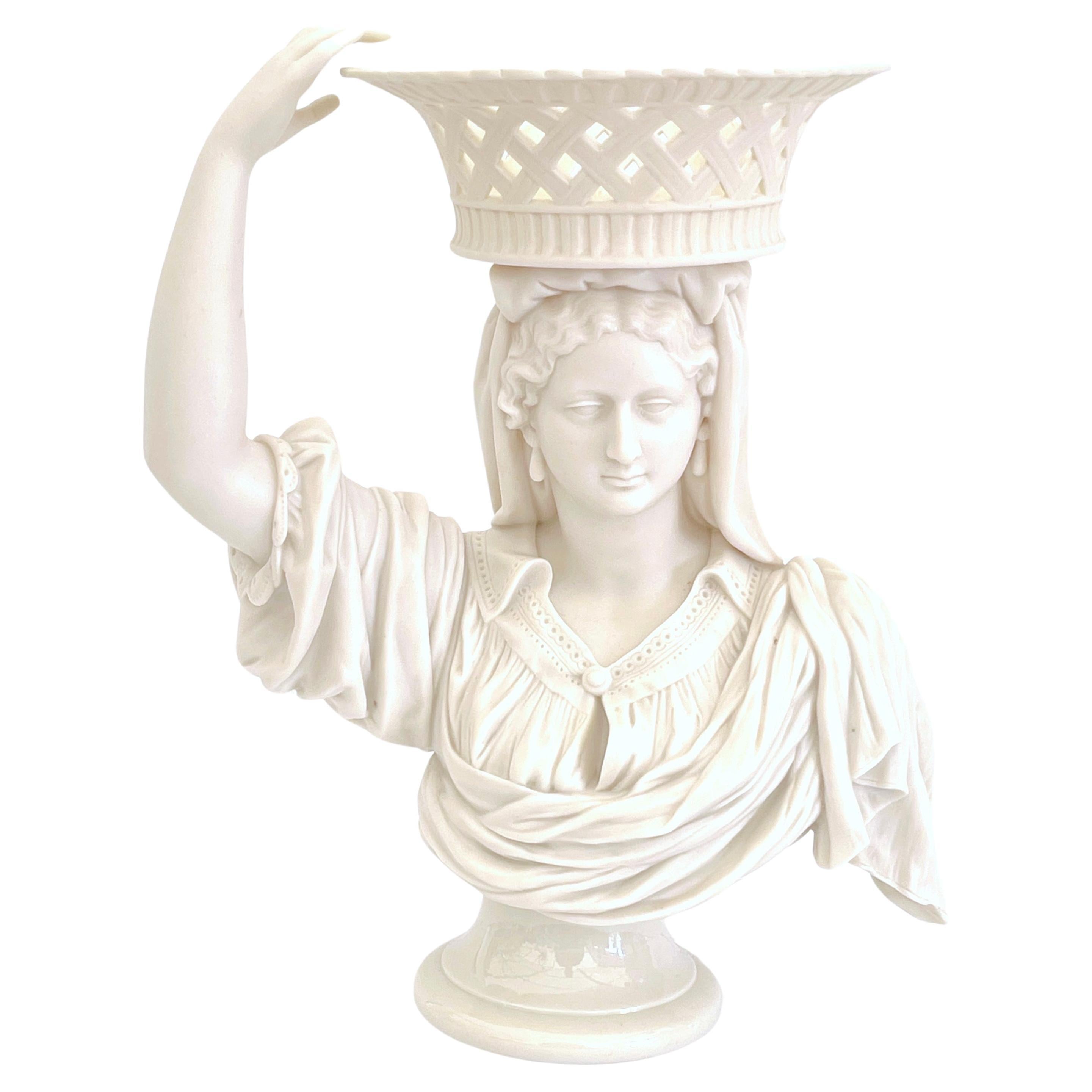 19th C English Parian Lady Holding a Basket Centerpiece/ Tazza/ Vase 