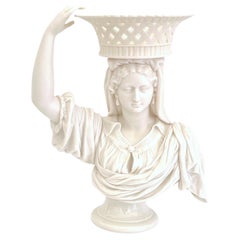 19th C English Parian Lady Holding a Basket Centerpiece/ Tazza/ Vase 