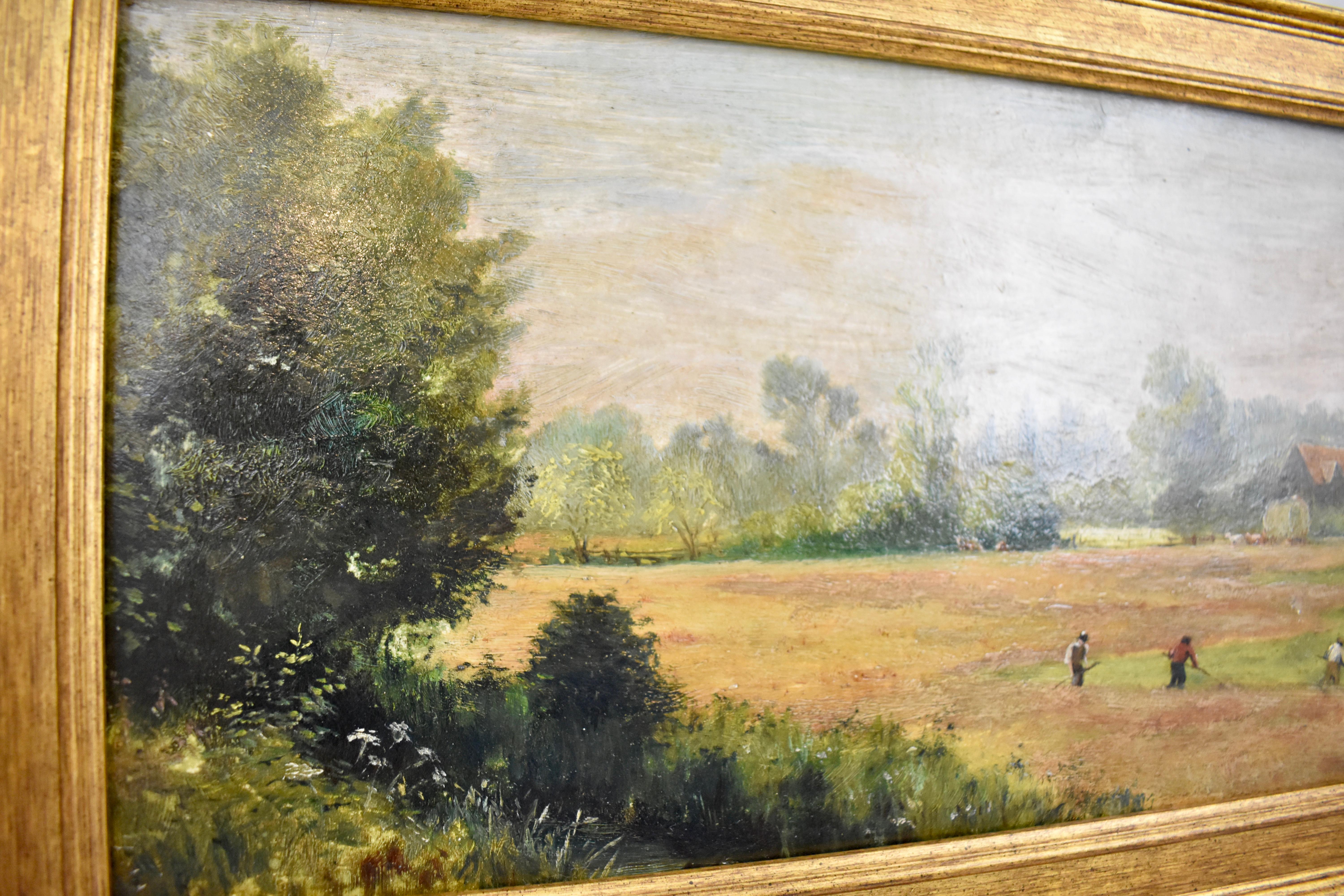 English Afternoon Pastoral Farm Scene Oil on Linen Painting Gold Leaf Wood Frame For Sale 4