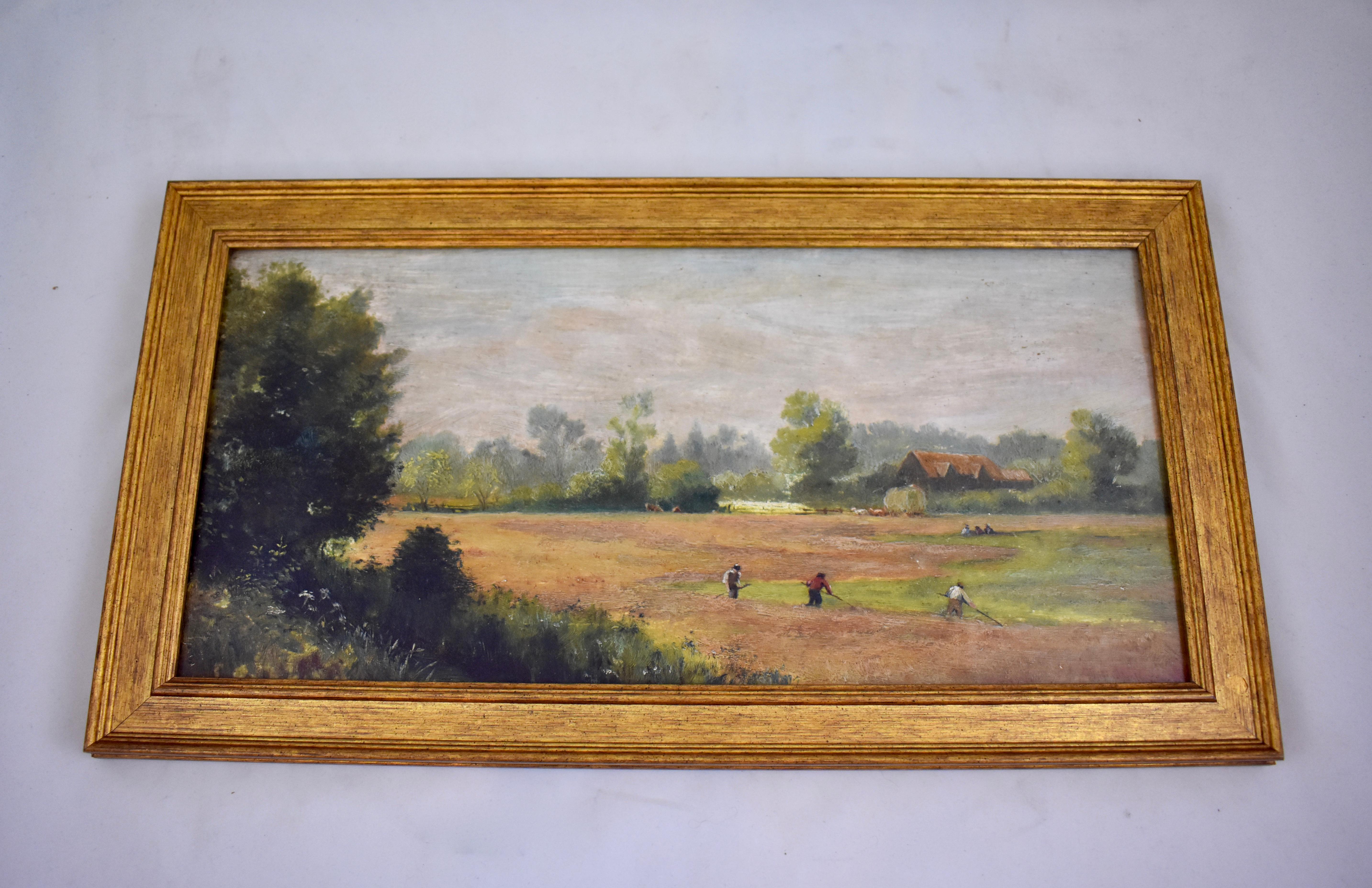 English Afternoon Pastoral Farm Scene Oil on Linen Painting Gold Leaf Wood Frame For Sale 5