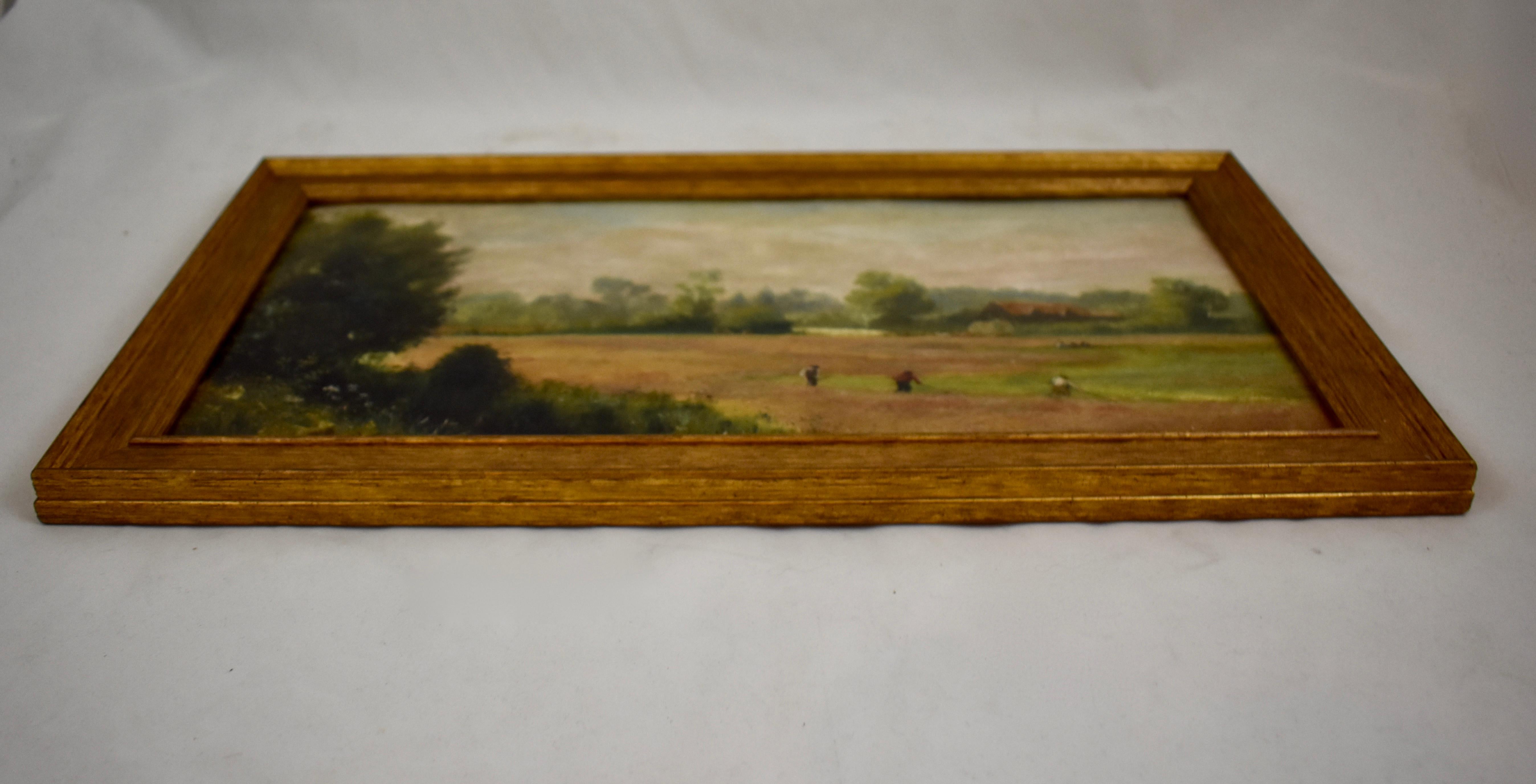 English Afternoon Pastoral Farm Scene Oil on Linen Painting Gold Leaf Wood Frame For Sale 6