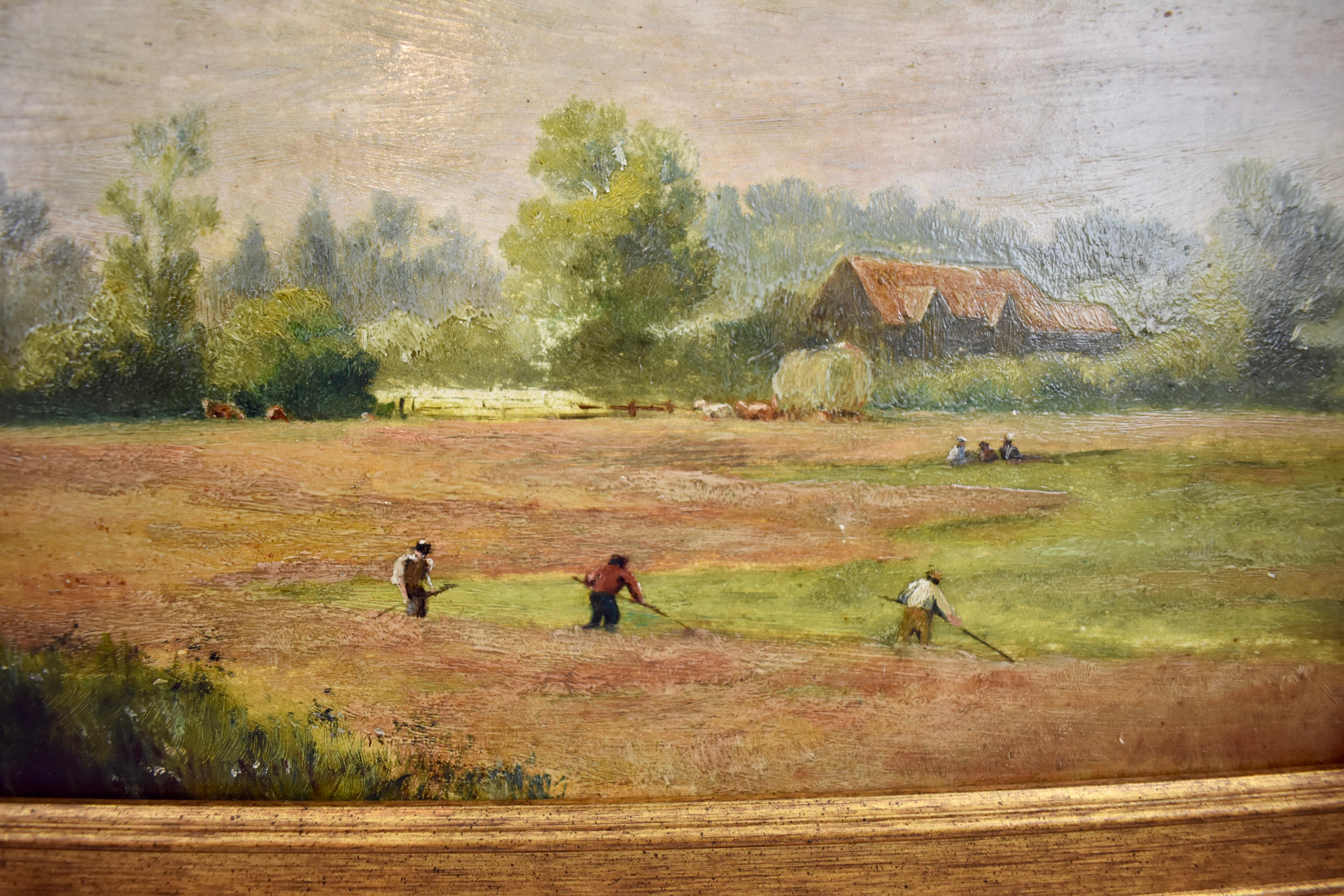 An early 19th century painting, oil on linen, showing an English pastoral farm scene, artist unknown.

The right foreground shows three farm workers clearing hay in a meadow. Other figures can be seen in the mid-ground along with a hay laden wagon