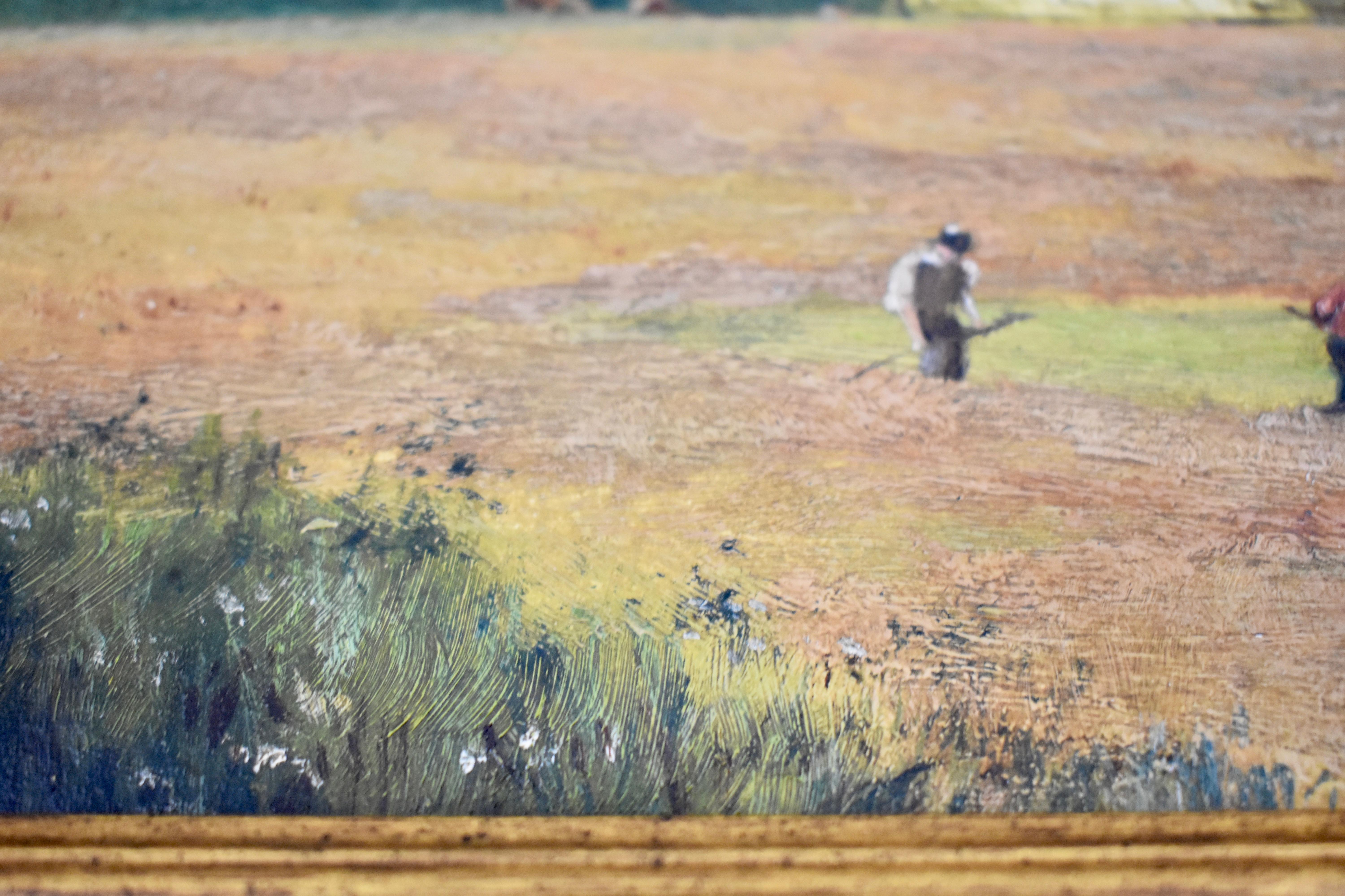 Gilt English Afternoon Pastoral Farm Scene Oil on Linen Painting Gold Leaf Wood Frame For Sale