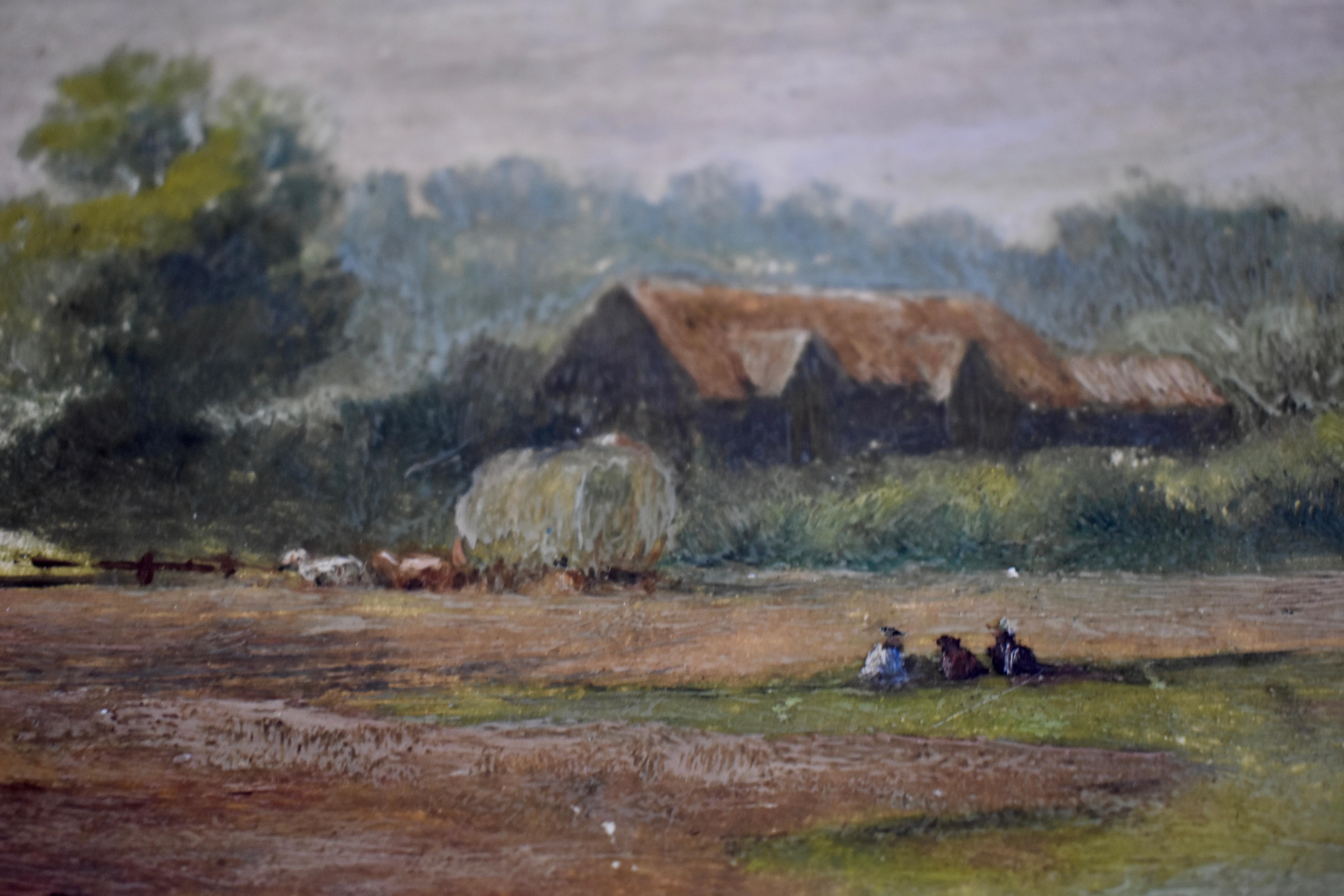 English Afternoon Pastoral Farm Scene Oil on Linen Painting Gold Leaf Wood Frame In Good Condition For Sale In Philadelphia, PA