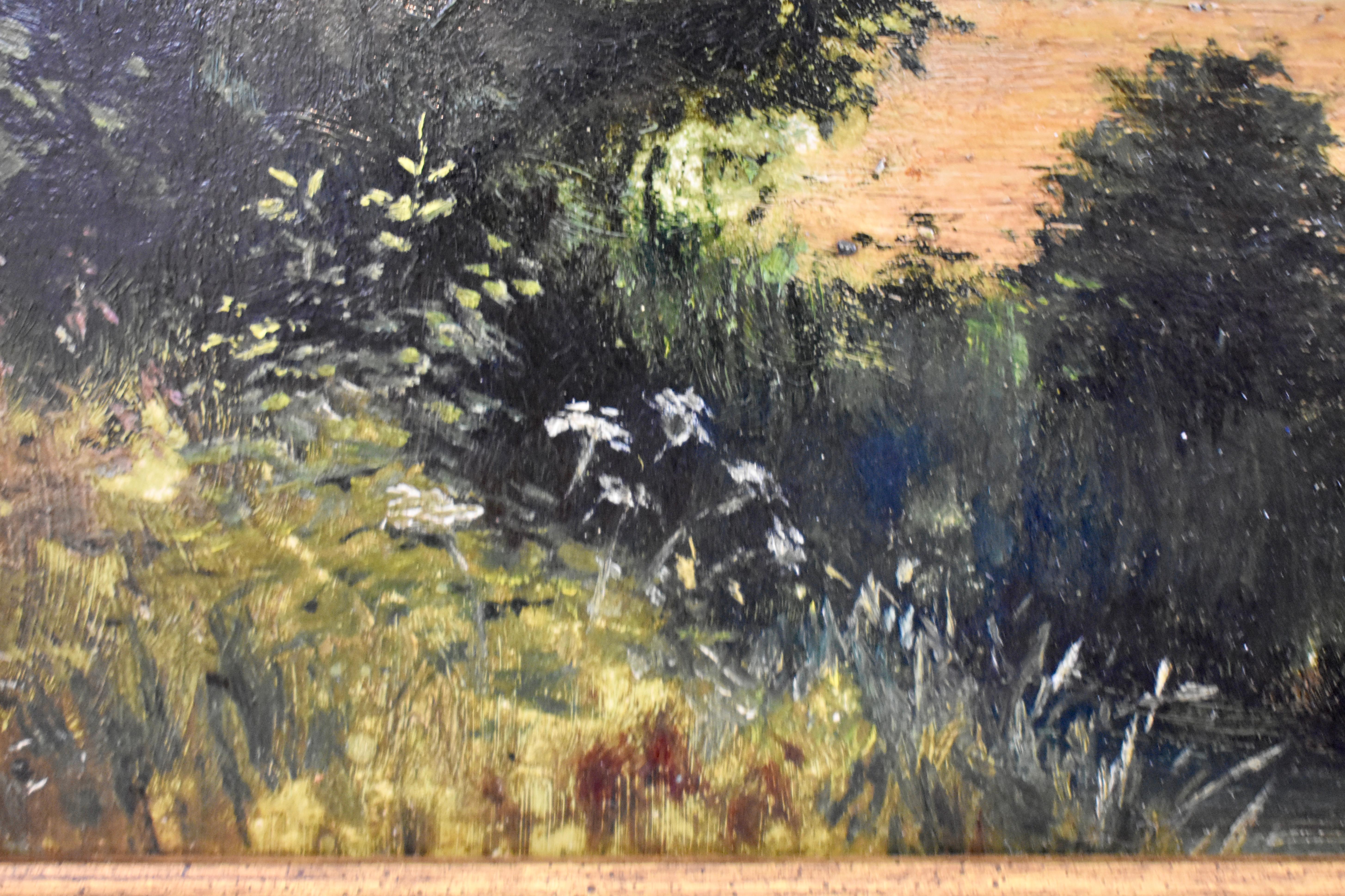English Afternoon Pastoral Farm Scene Oil on Linen Painting Gold Leaf Wood Frame For Sale 2