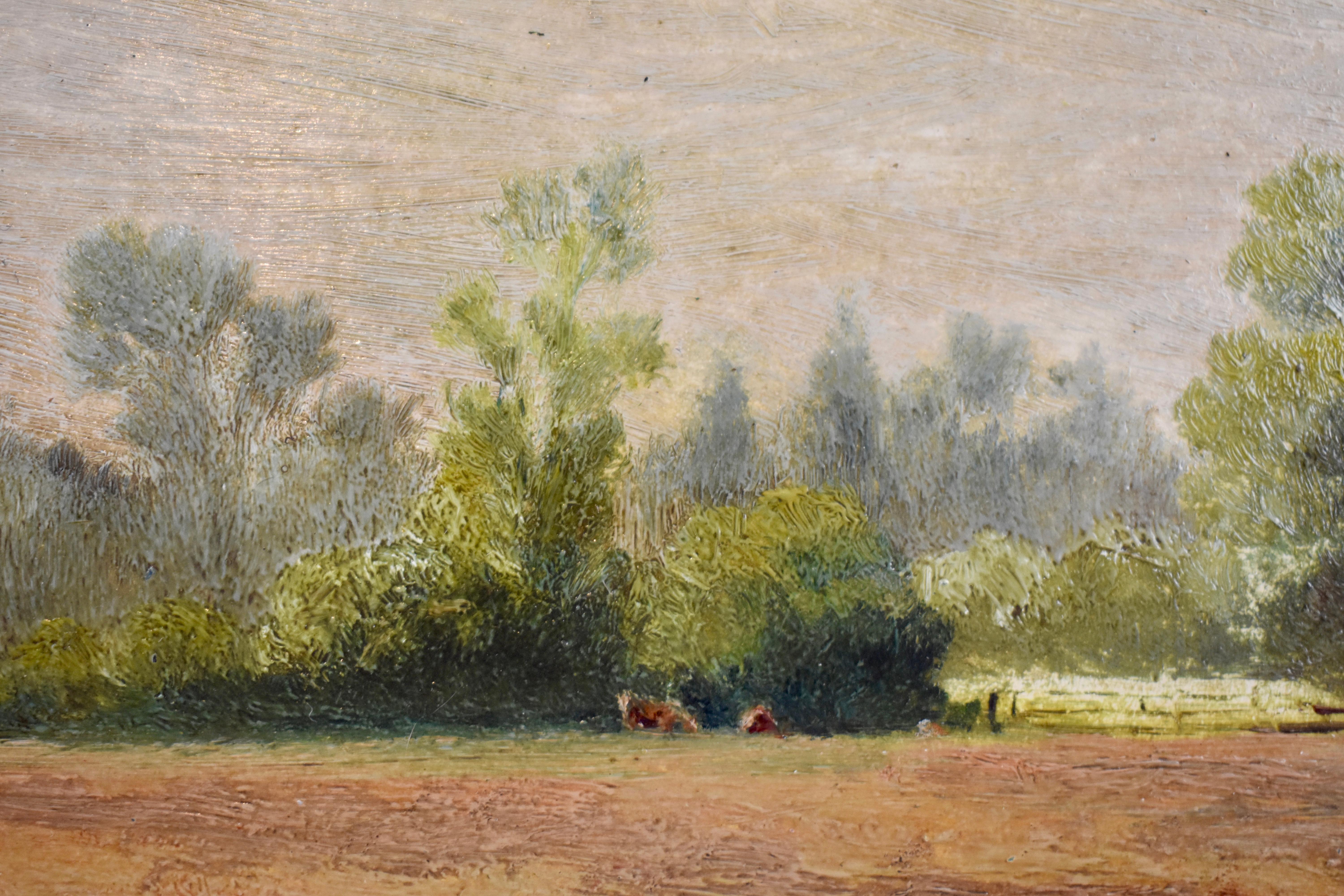 Huile sur toile d'une scène de ferme pastorale après-midi anglais, cadre en bois à feuilles d'or en vente 1