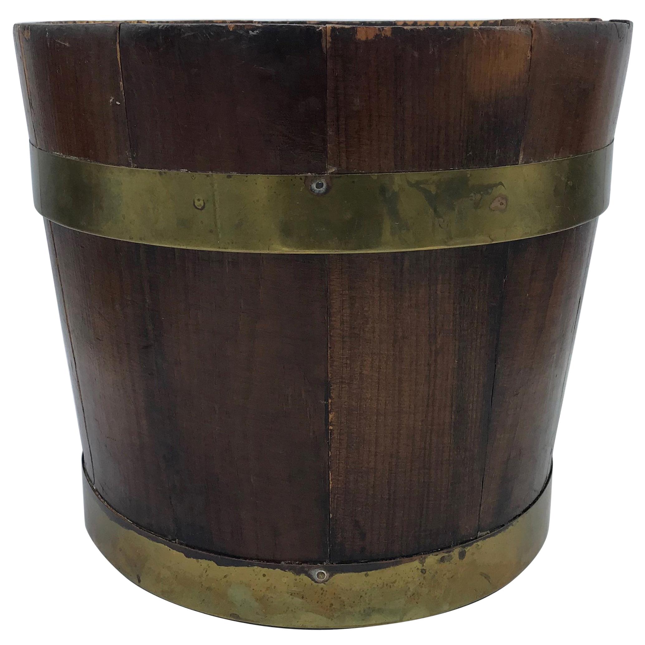 19th Century English Pine and Brass Banded Collar Bucket Cachepot For Sale