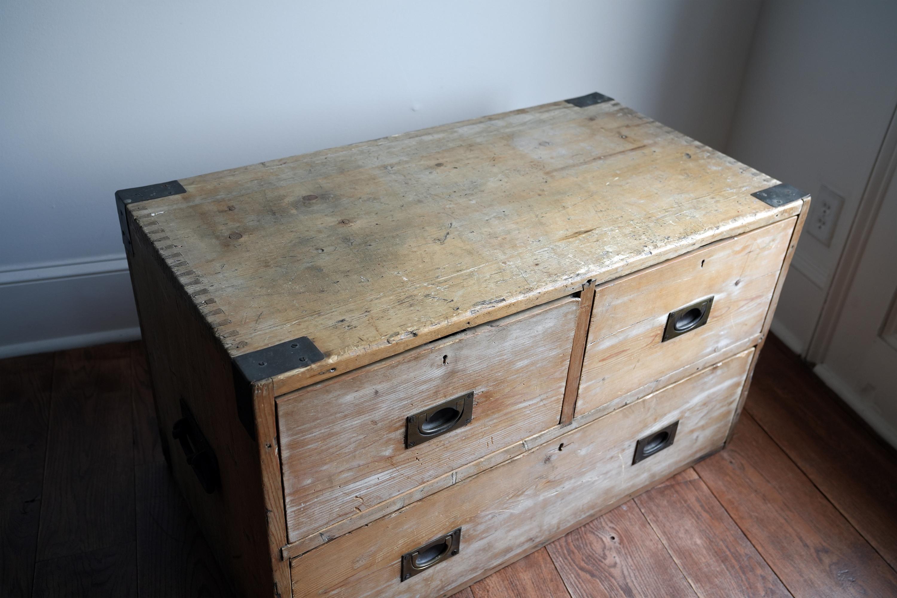19th Century English Pine and Brass Campaign Chest In Distressed Condition In Hudson, NY