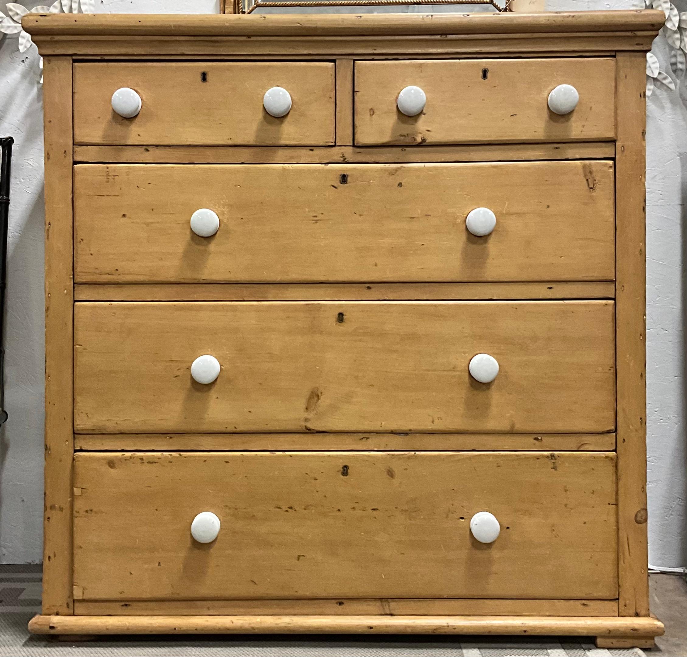Porcelain 19th-C. English Pine Commode / Chest of Drawers W/ Blue & White Ticking