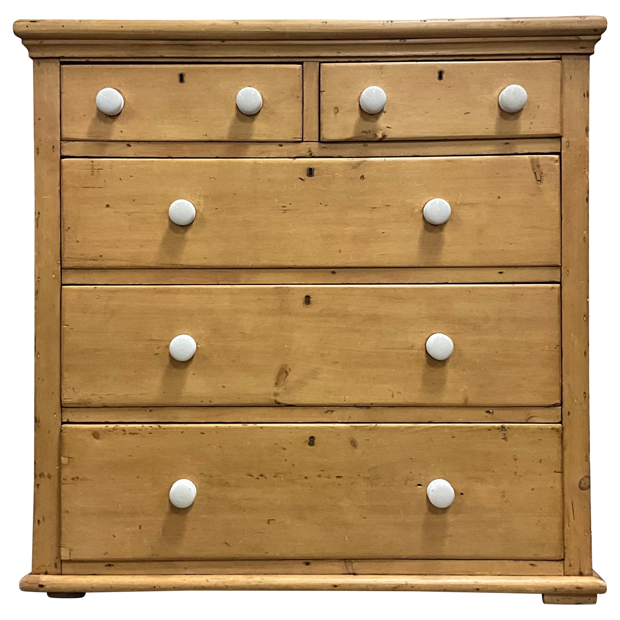 19th-C. English Pine Commode / Chest of Drawers W/ Blue & White Ticking