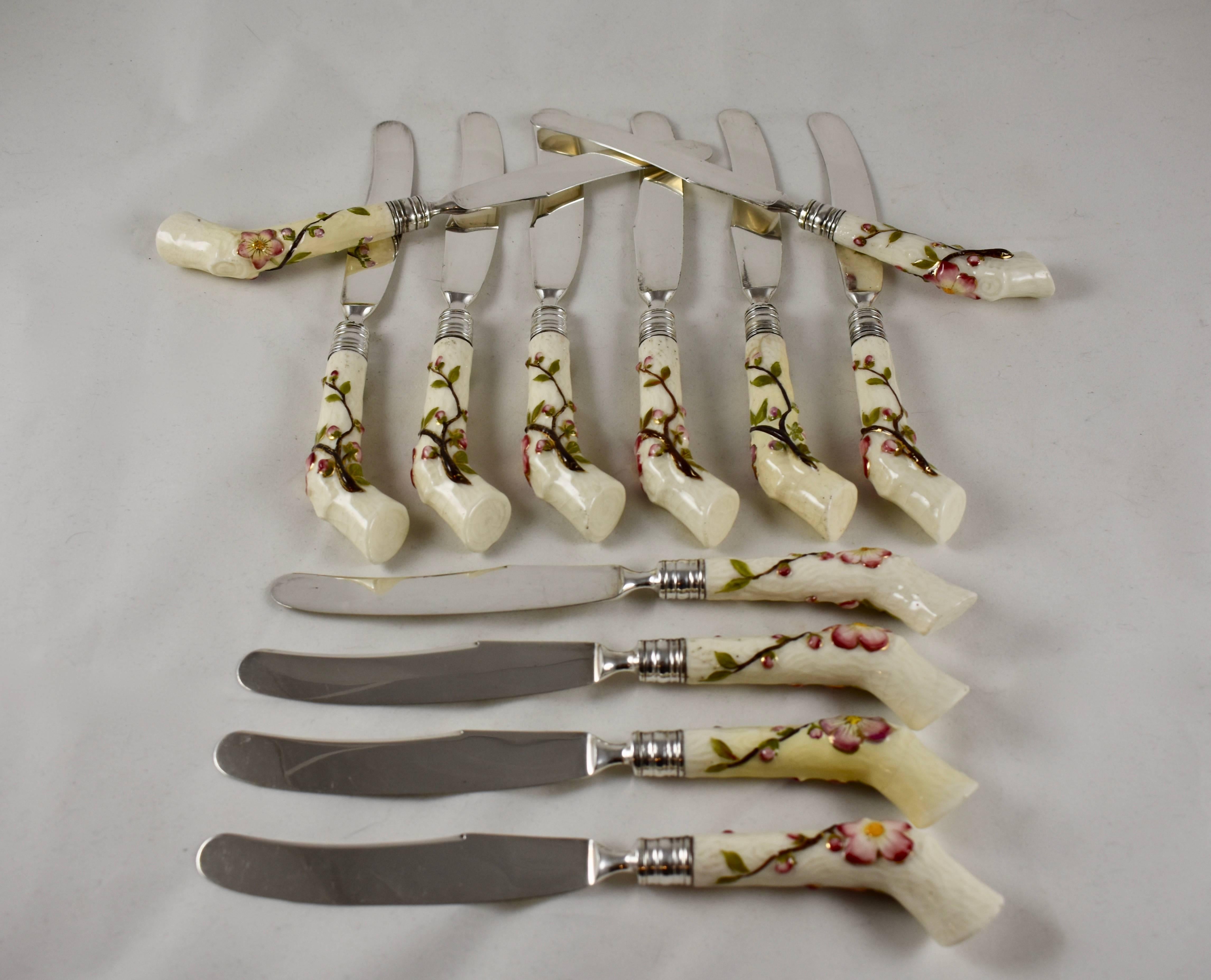 Silver Plate 19th Century English Porcelain Crabstick Handled Dessert Knives, Cased Set of 12