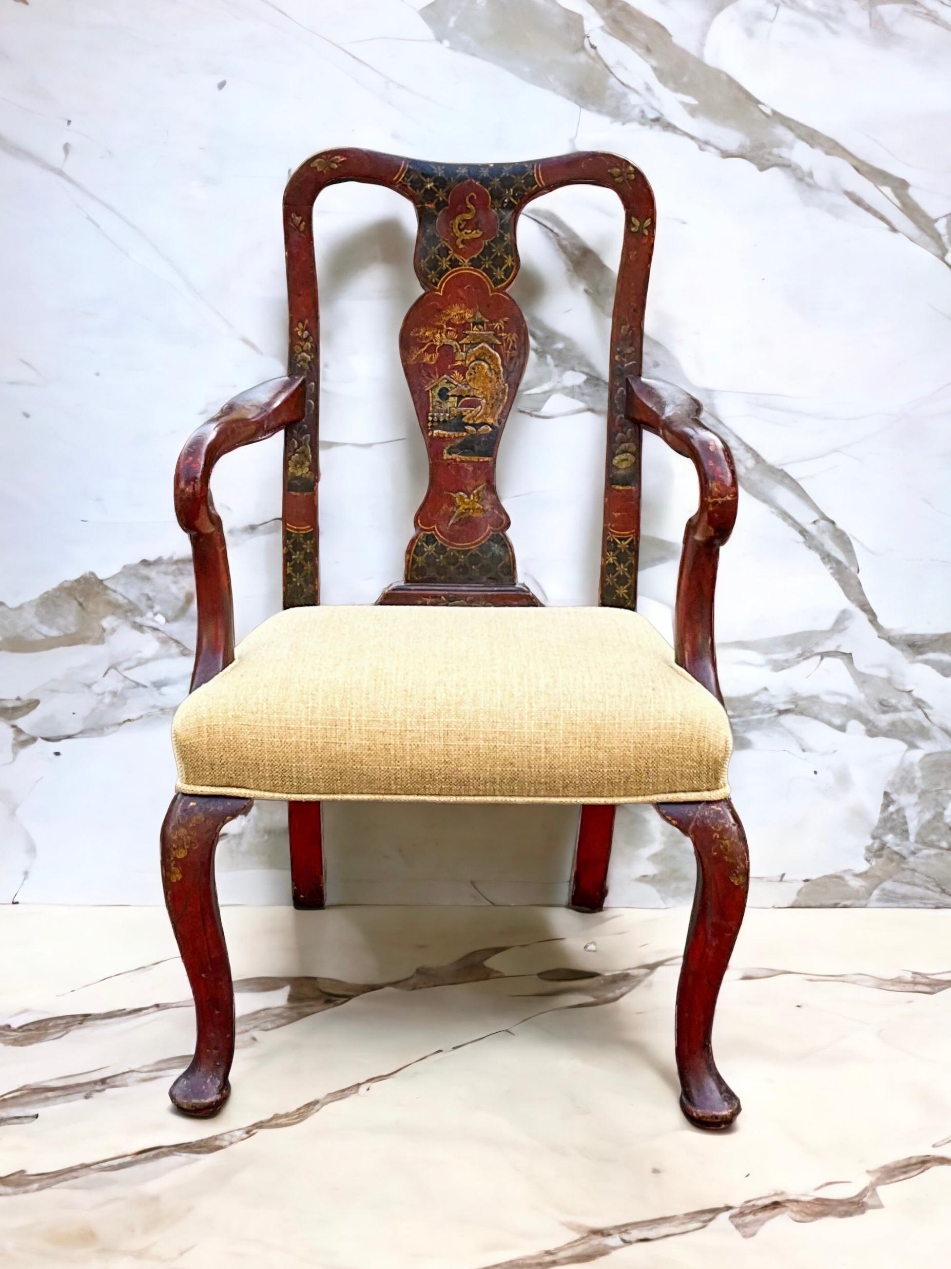 19th-C. English Red Chinoiserie Child’s Bergere Chair in Linen In Good Condition For Sale In Kennesaw, GA