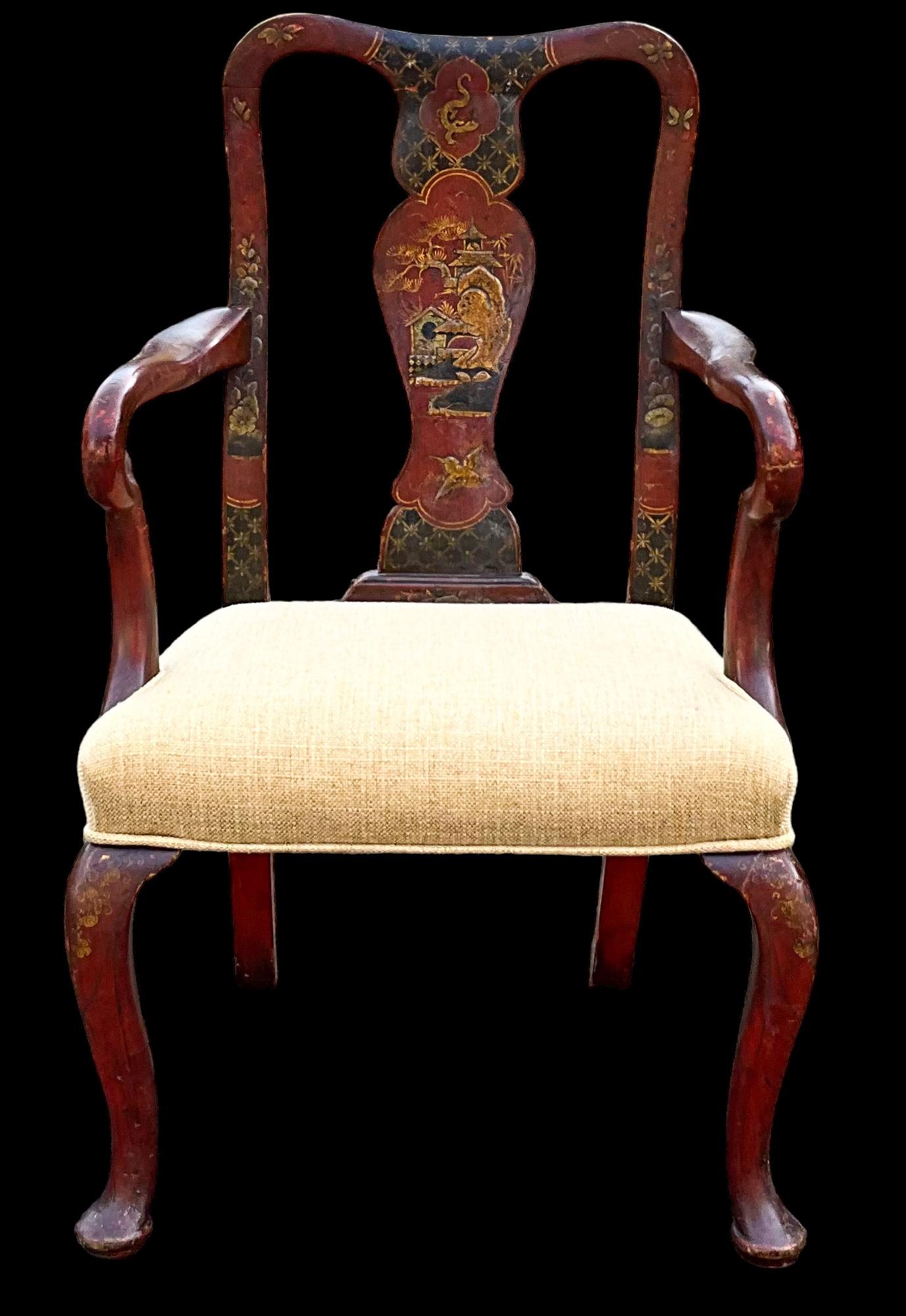 19th Century 19th-C. English Red Chinoiserie Child’s Bergere Chair in Linen For Sale