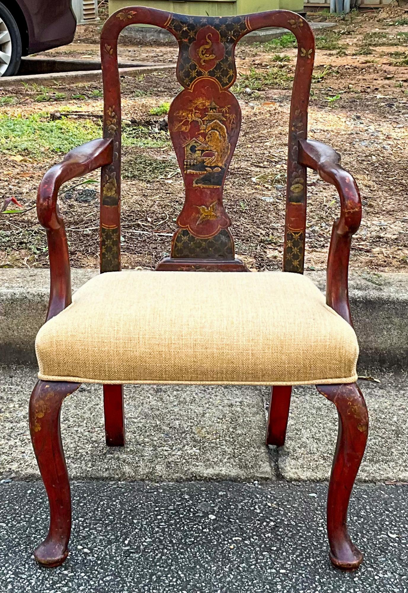19th-C. English Red Chinoiserie Child’s Bergere Chair in Linen For Sale 1