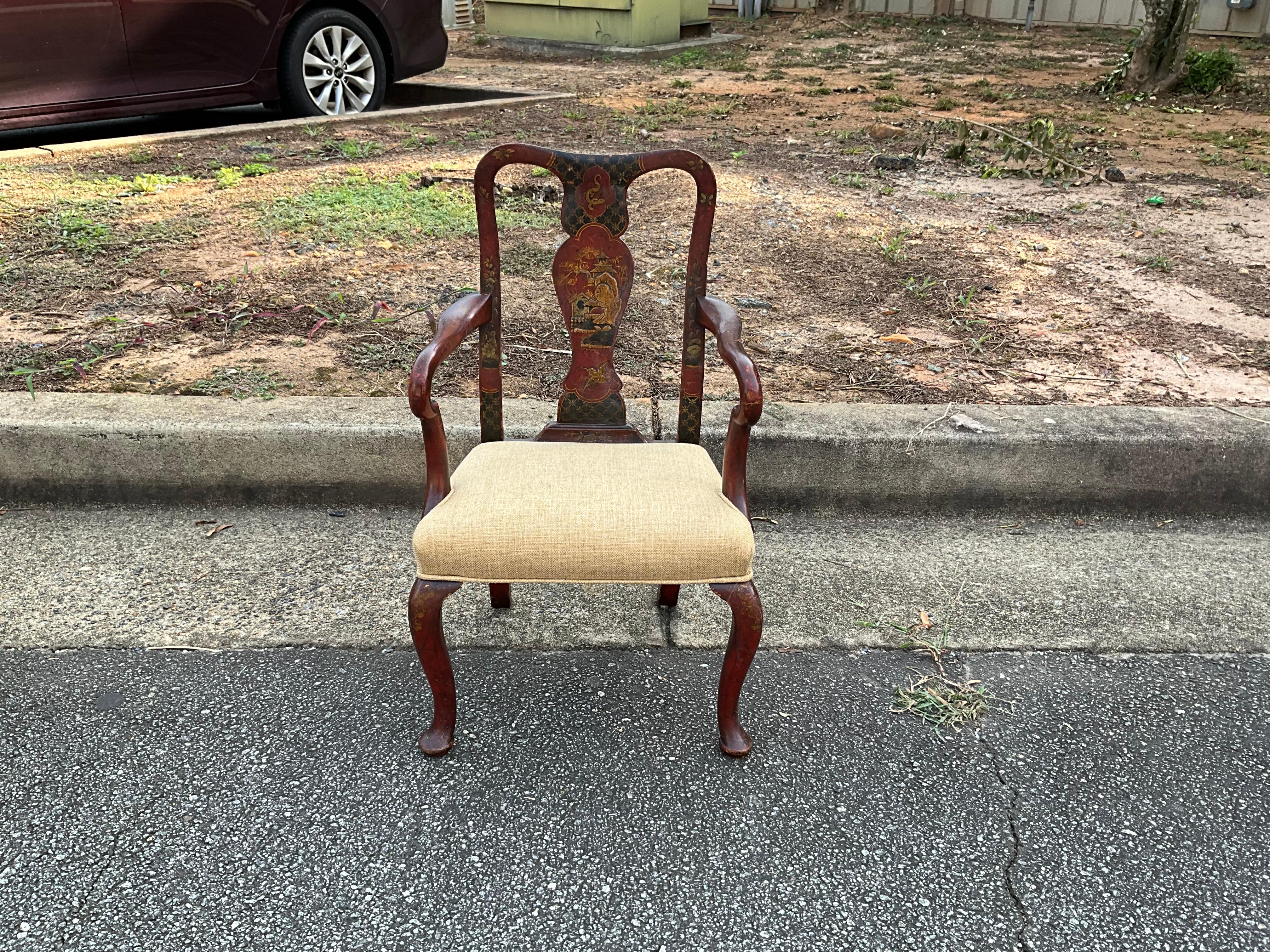 Siglo XIX Silla inglesa de bergere de niño de chinoiserie roja en lino en venta 2