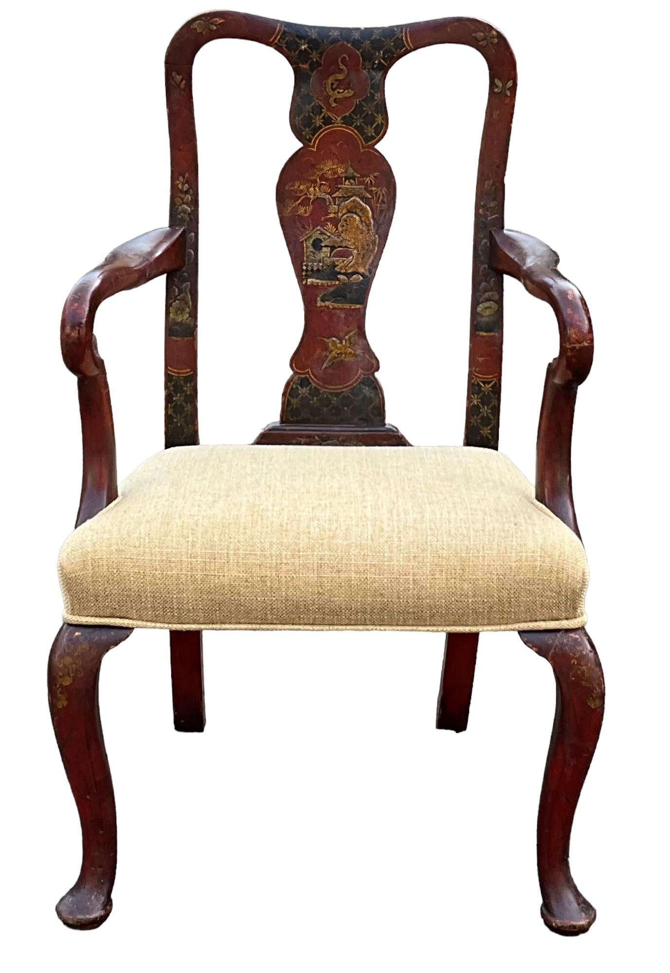 19th-C. English Red Chinoiserie Child’s Bergere Chair in Linen For Sale