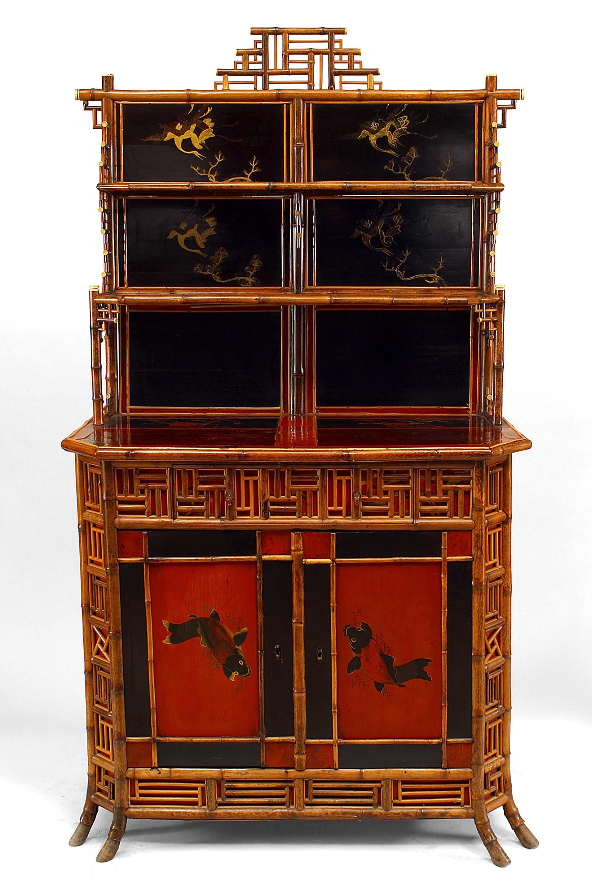 English Regency Style Bamboo Etagere with Lacquered Panels In Good Condition For Sale In New York, NY