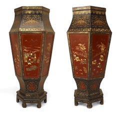Pair of English Regency Style Lacquered Chinoiserie Floor Vases