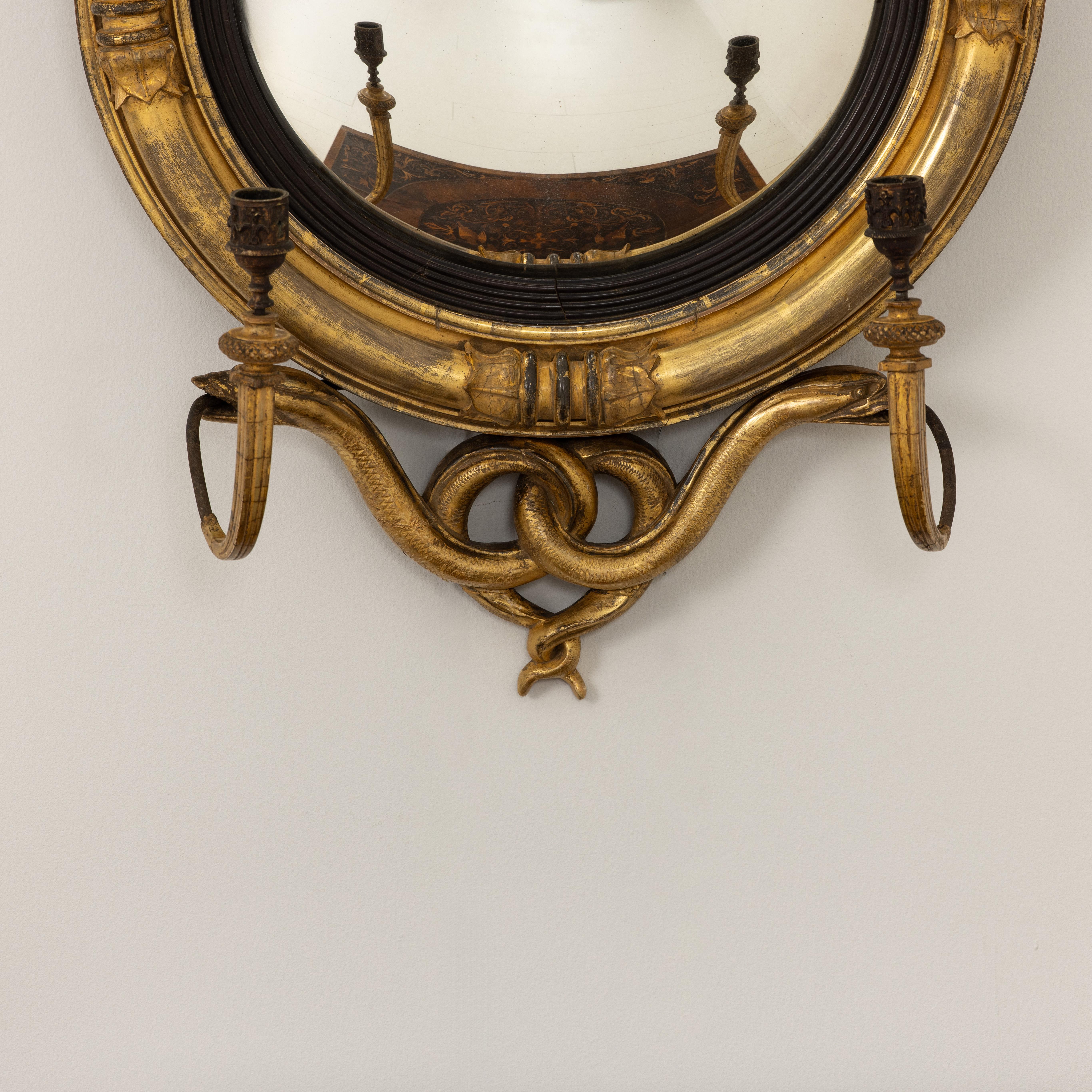 Hand-Carved 19th c. English Regency Convex Mirror in Original Giltwood For Sale