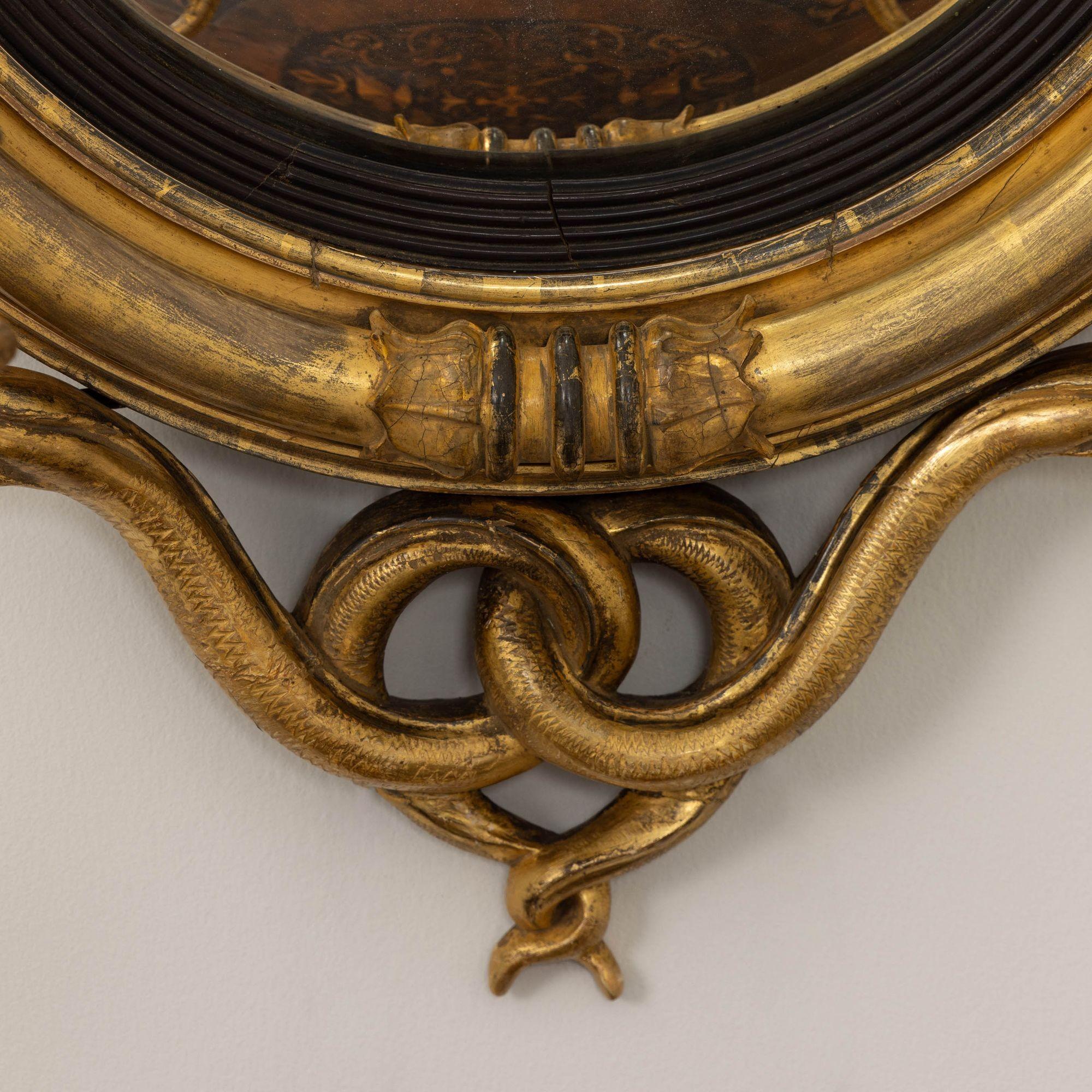 19. Jahrhundert. Englischer konvexer Regency-Spiegel aus Original-Giltwood (Messing) im Angebot