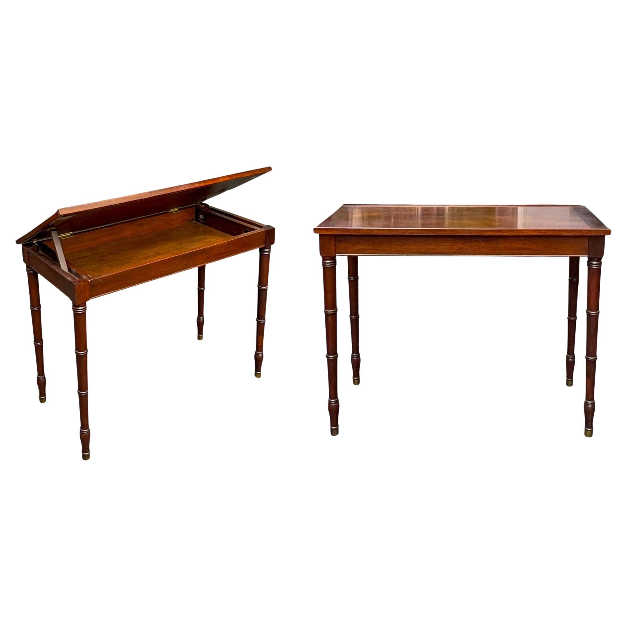We the words “form and function” are used to describe an item, they must have been thinking of these! This is a pair of 19th century carved mahogany faux bamboo side tables. I love the lift tops that could be used for homework and other things that