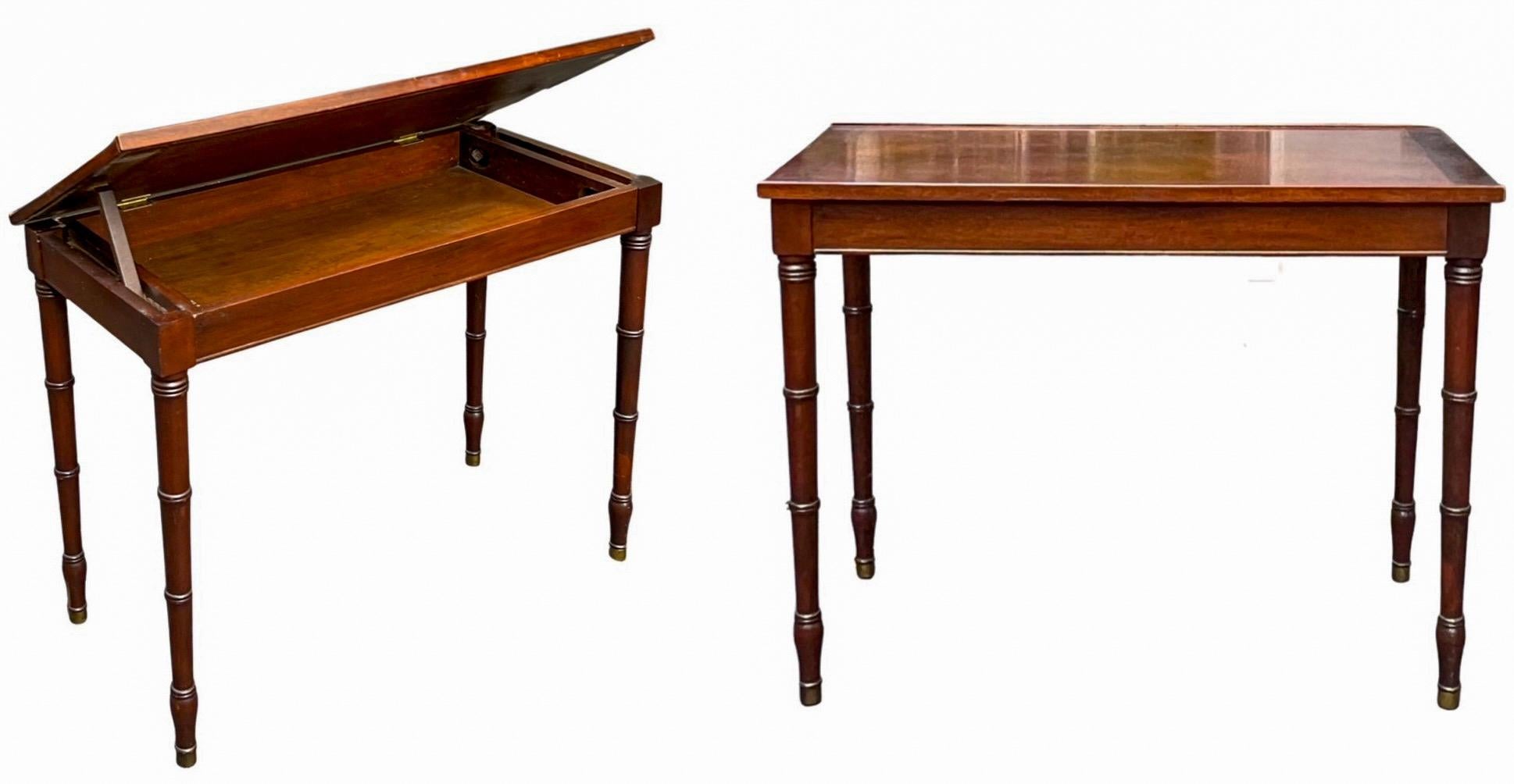 19th-C. English Regency Mahogany Lift Top Faux Bamboo Side / Console Tables -S/2 3