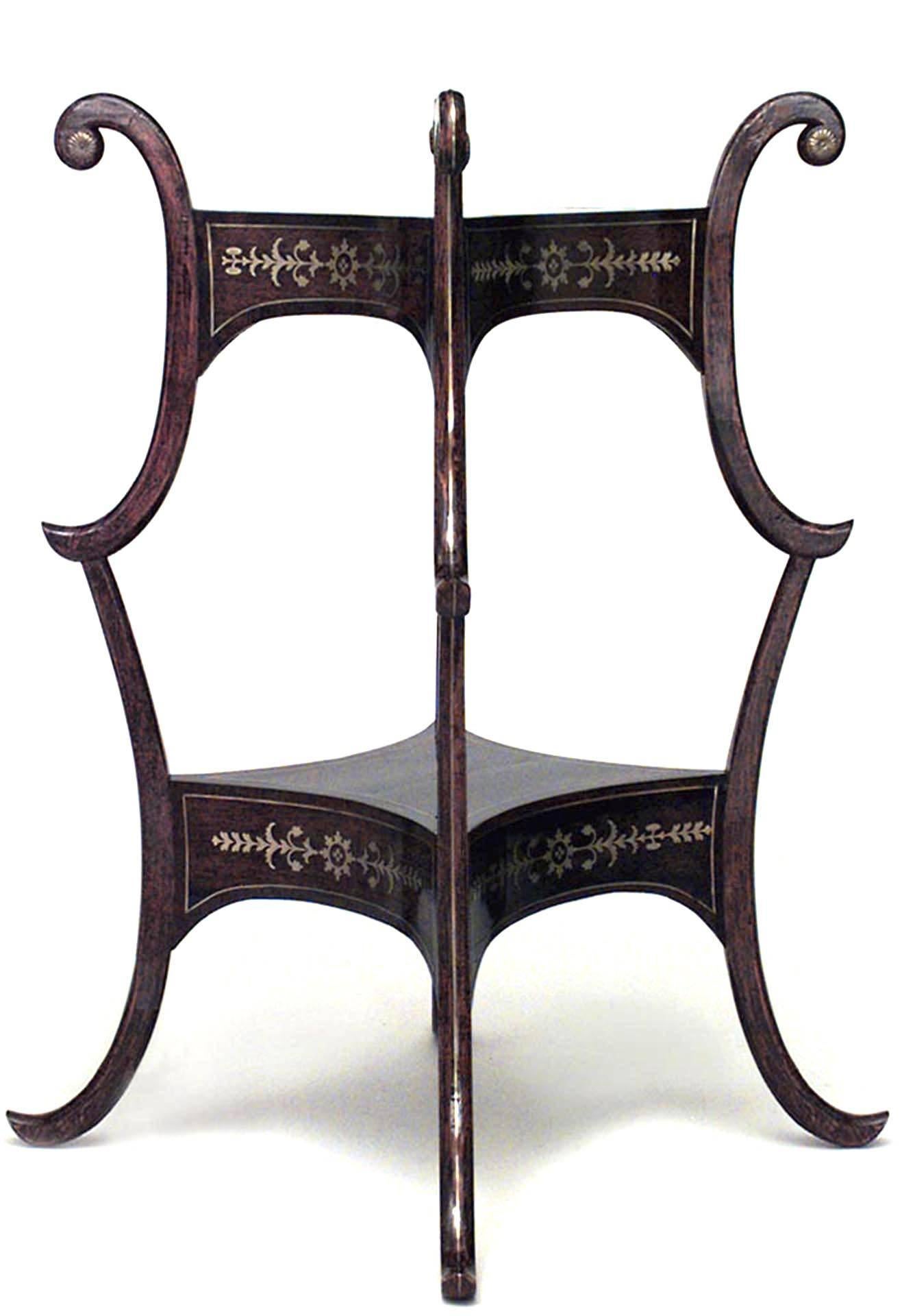 English Regency-style (19th Century) rosewood and brass inlaid end table with scroll design legs and square shaped top and shelf.
