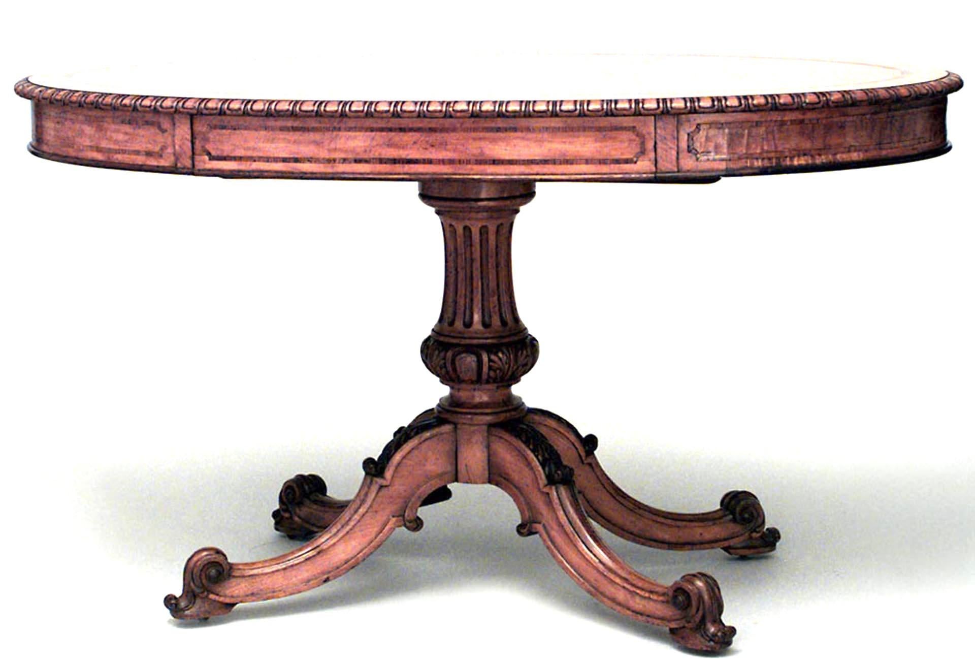 English Regency style (19th Century) oval satinwood and inlaid pedestal base center table with drawer.
