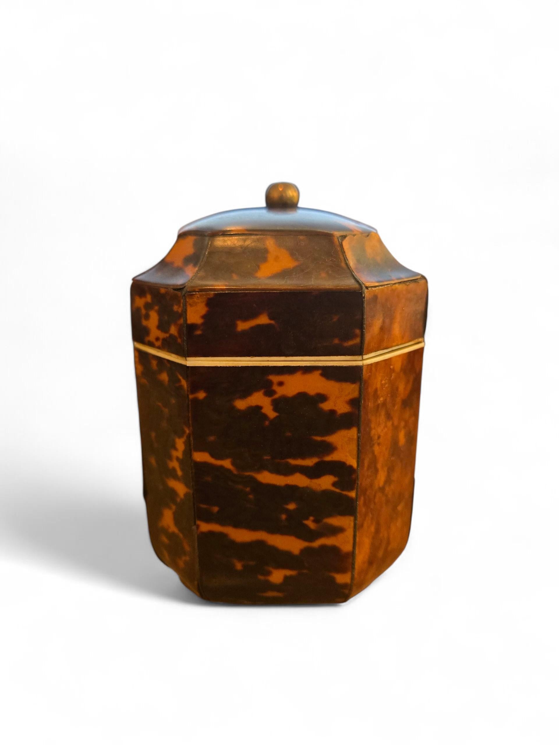 Regency Tortoiseshell & Ivory Tea Caddy, circa 1815

An elegant octagonal English Regency tea caddy veneered in richly mottled tortoiseshell, with a gently domed lid topped by a turned knop finial. The caddy is accented with ivory edging, enhancing