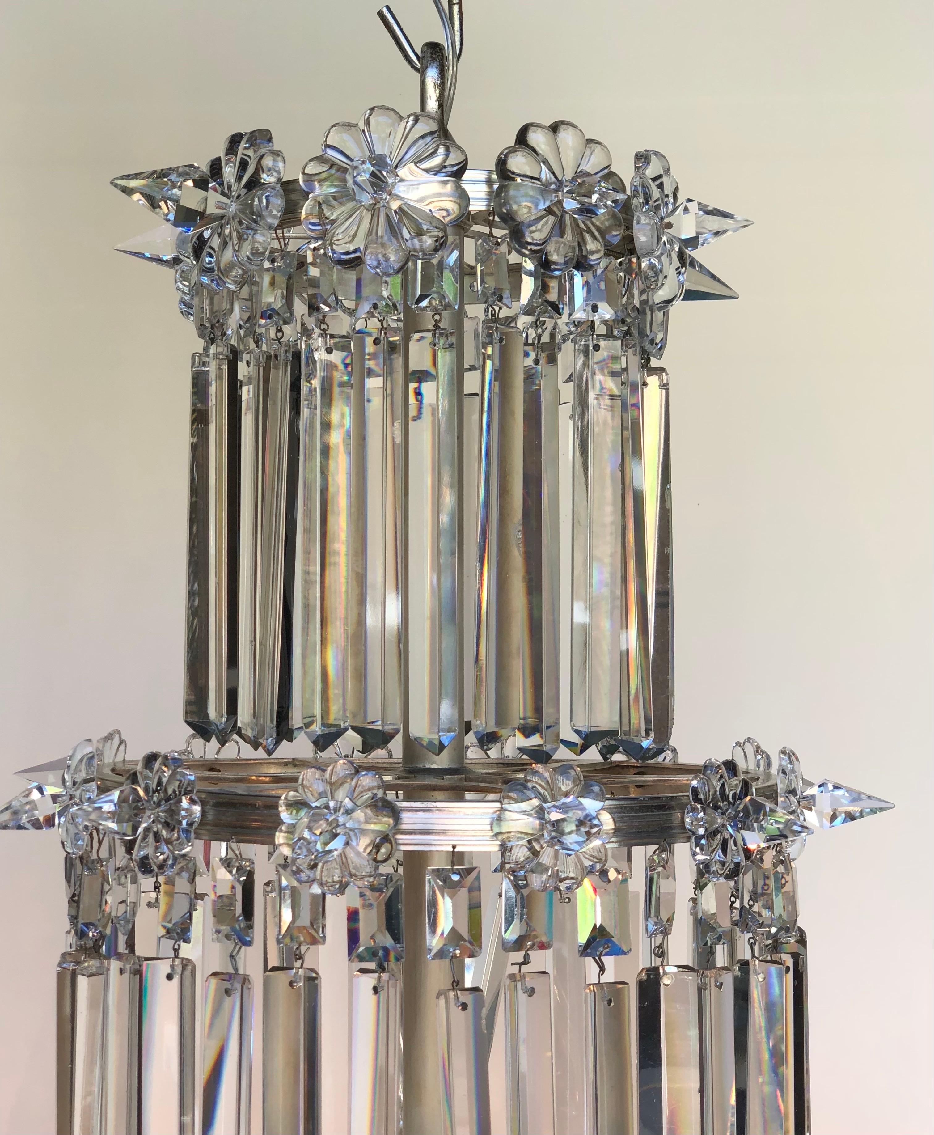 Plated 19th C. English Regency Waterfall Silver Plate & Crystal Chandelier / Gasolier For Sale