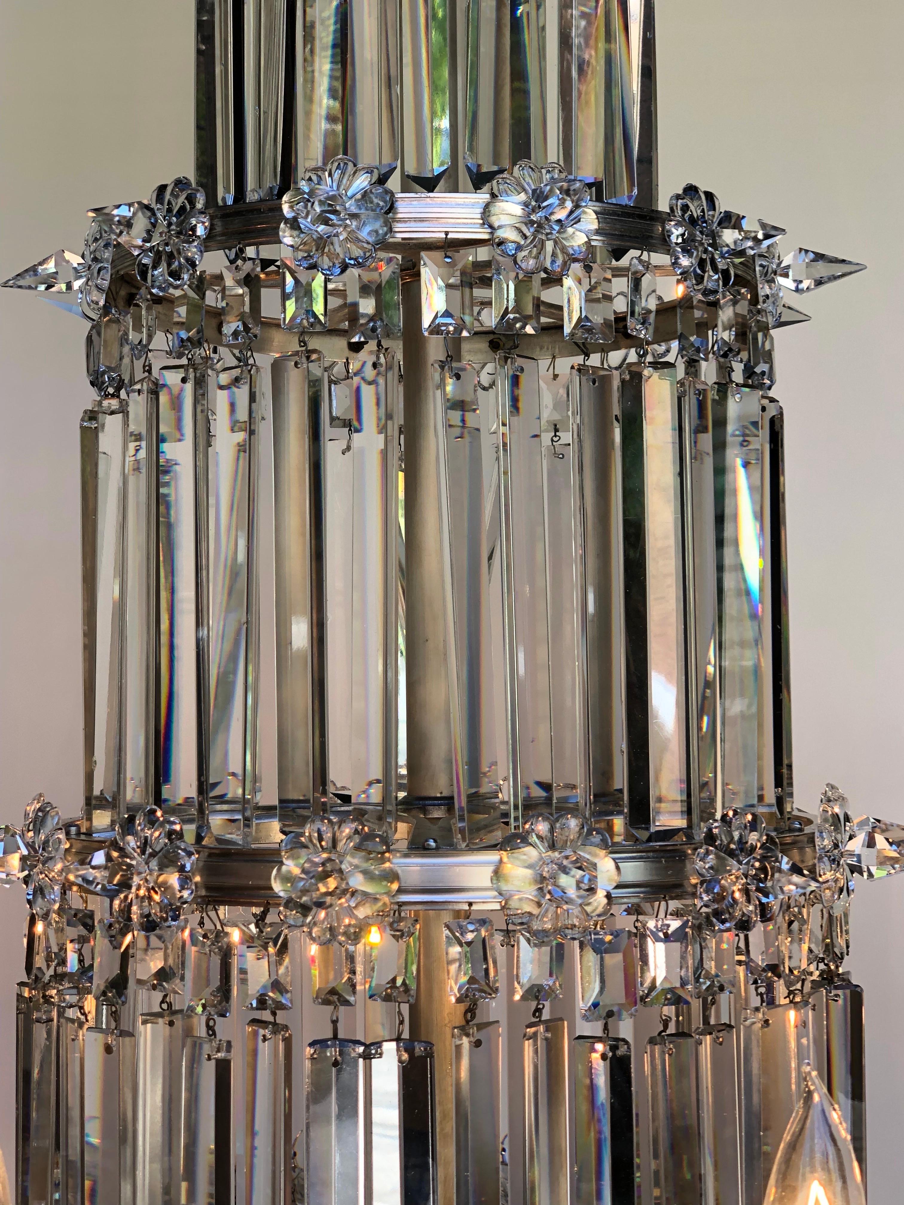 19th Century 19th C. English Regency Waterfall Silver Plate & Crystal Chandelier / Gasolier For Sale