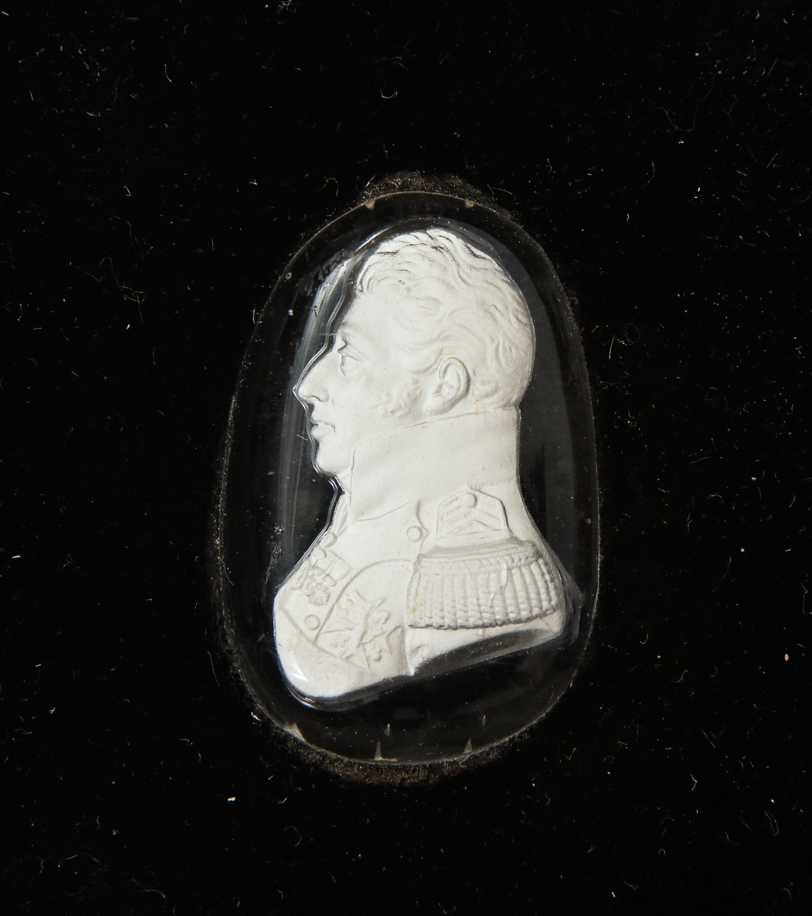 19th century English reverse-carved portrait in opaline glass with the original black leather frame.