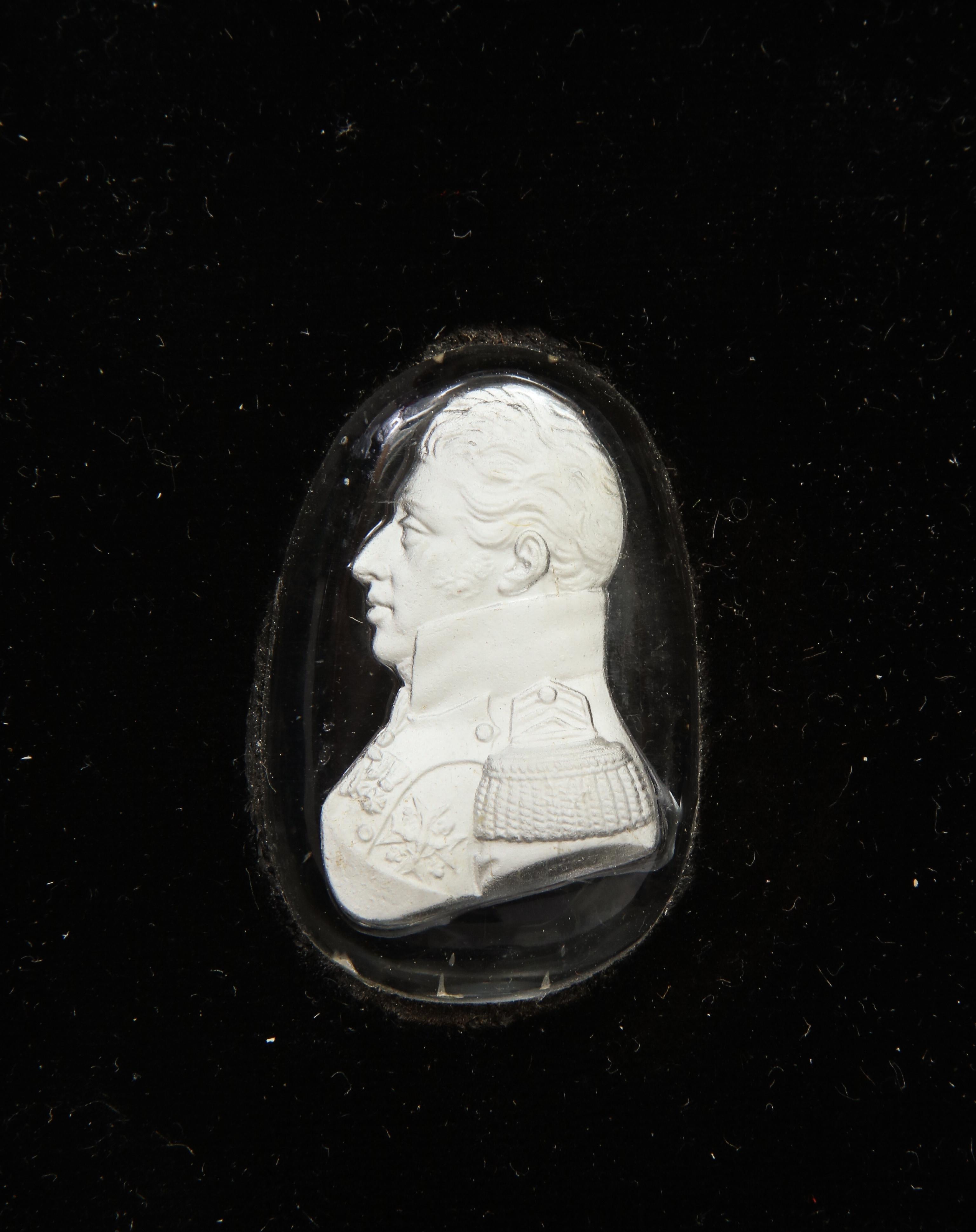 19th Century Reverse Carved Opaline Glass Portrait in Black Leather Frame 3