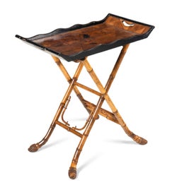 19Th C. English Root Bamboo & Marquetry Folding Serving Table
