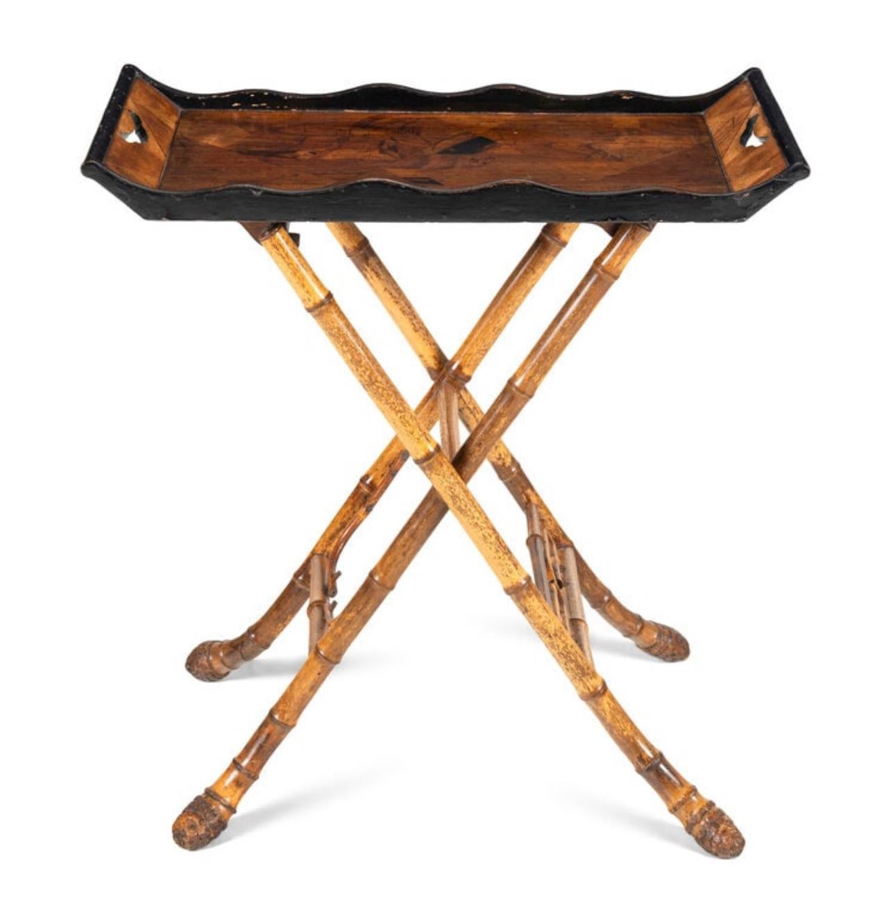 Victorian 19Th C. English Root Bamboo & Marquetry Folding Serving Table