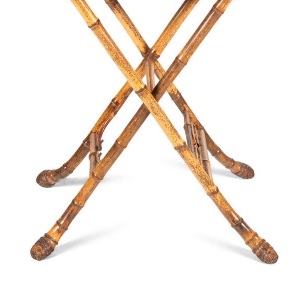 British 19Th C. English Root Bamboo & Marquetry Folding Serving Table