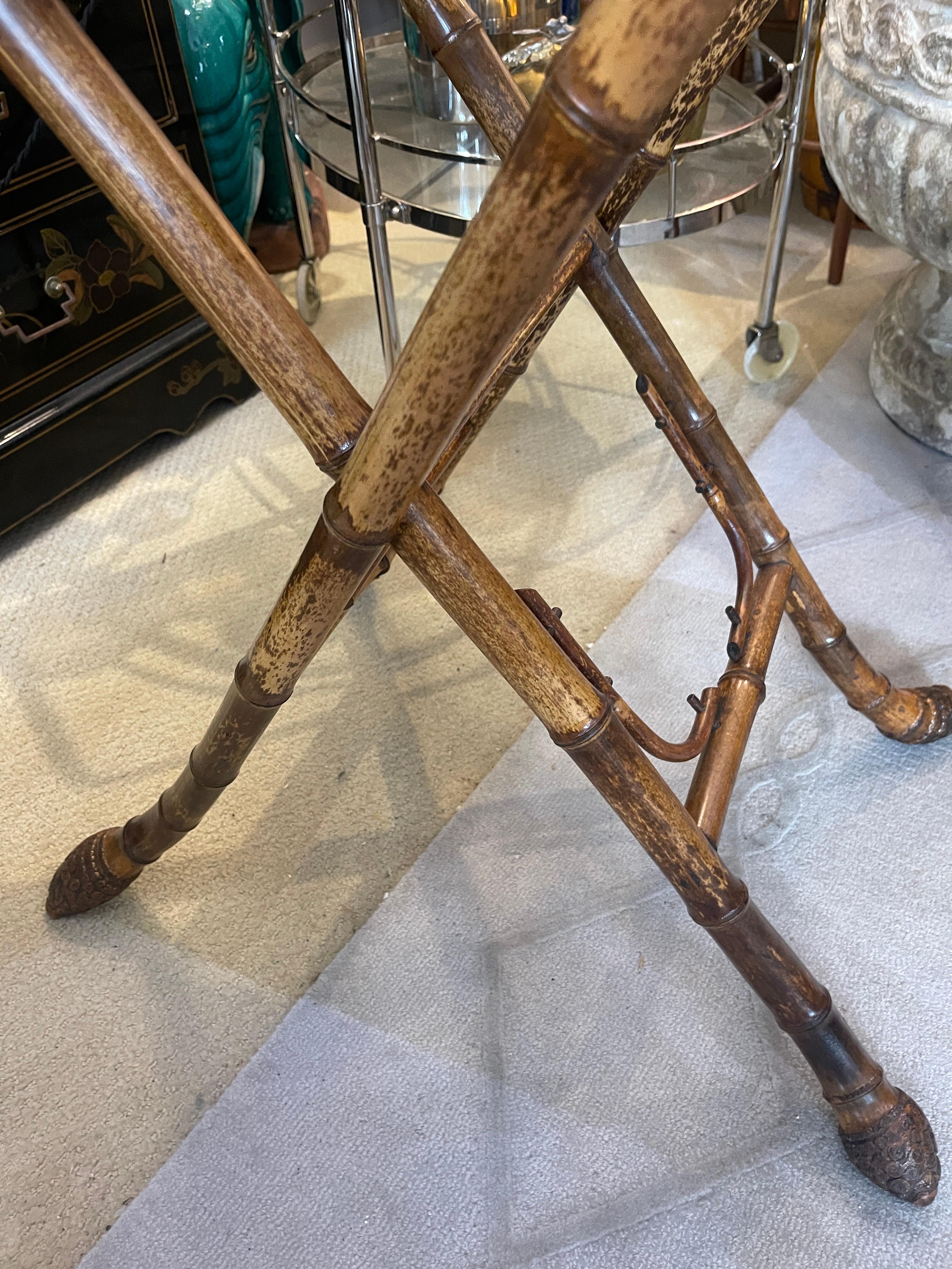 19Th C. English Root Bamboo & Marquetry Folding Serving Table 2