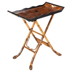 19Th C. English Root Bamboo & Marquetry Folding Serving Table