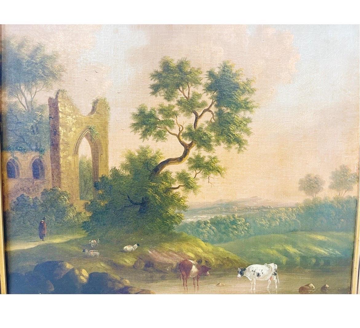 19th Century 19th C. English School Oil Painting on Canvas of Capriccio and Cow Landscape For Sale