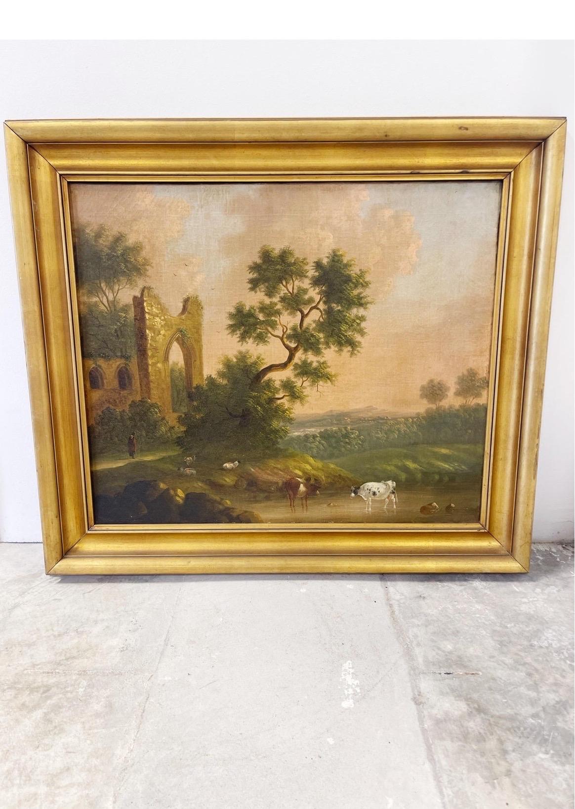 19th C. English School Oil Painting on Canvas of Capriccio and Cow Landscape For Sale 1